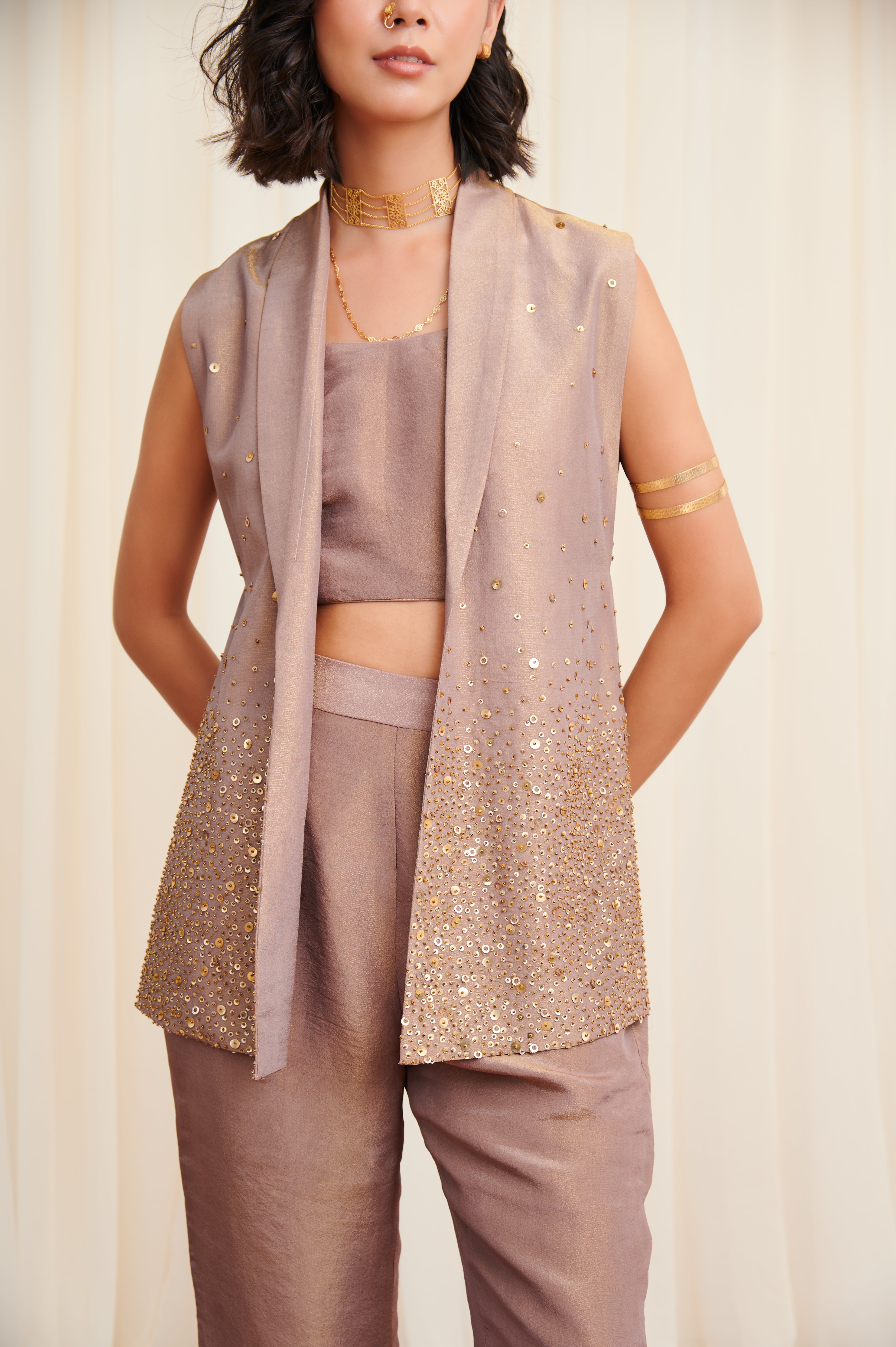 Aral set Beige Tissue Blouse with Pants and Embroidered jacket