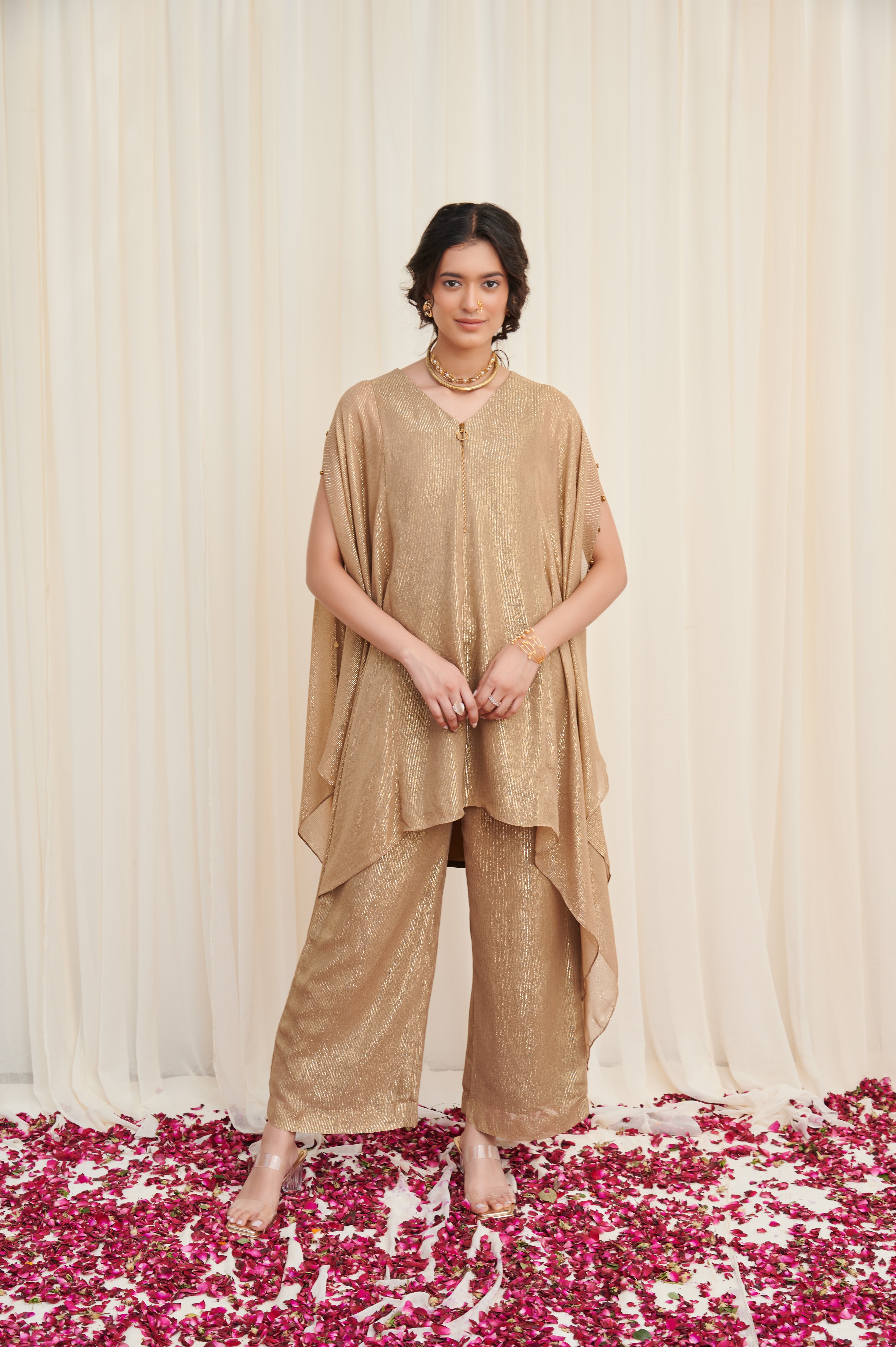 Tripataka Beige Lurex georegette Kurta with Pants