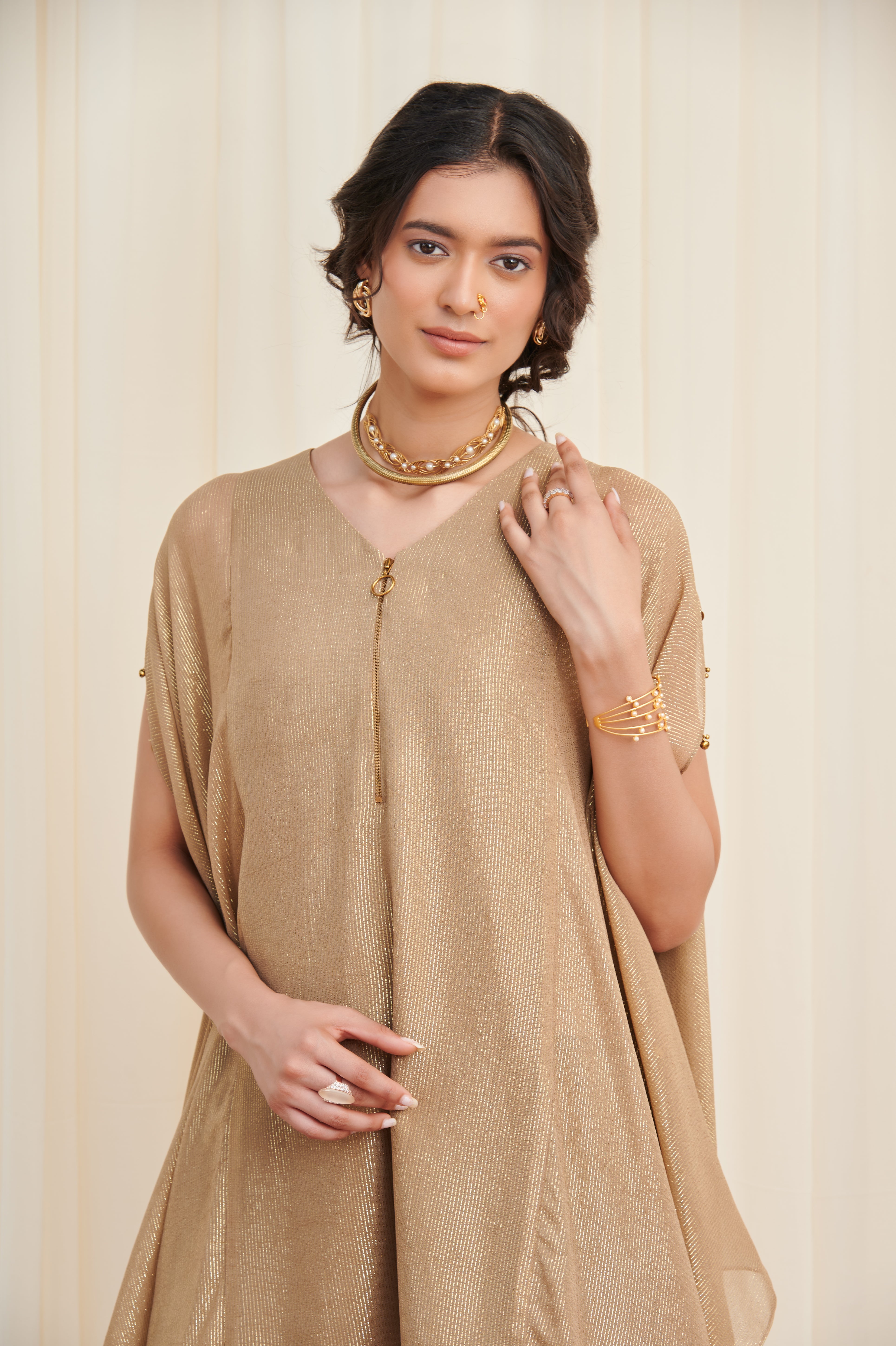 Tripataka Beige Lurex georegette Kurta with Pants