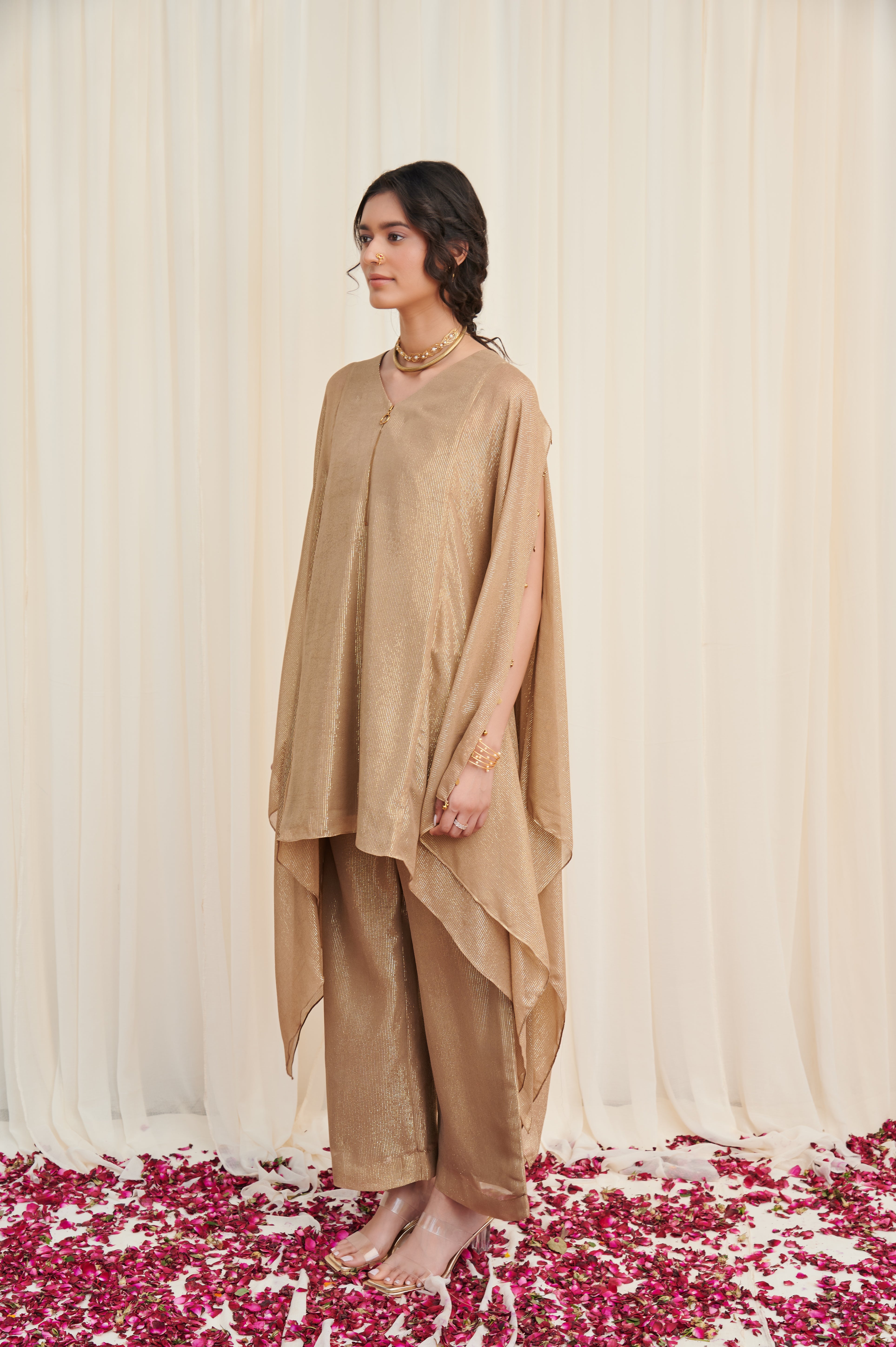 Tripataka Beige Lurex georegette Kurta with Pants