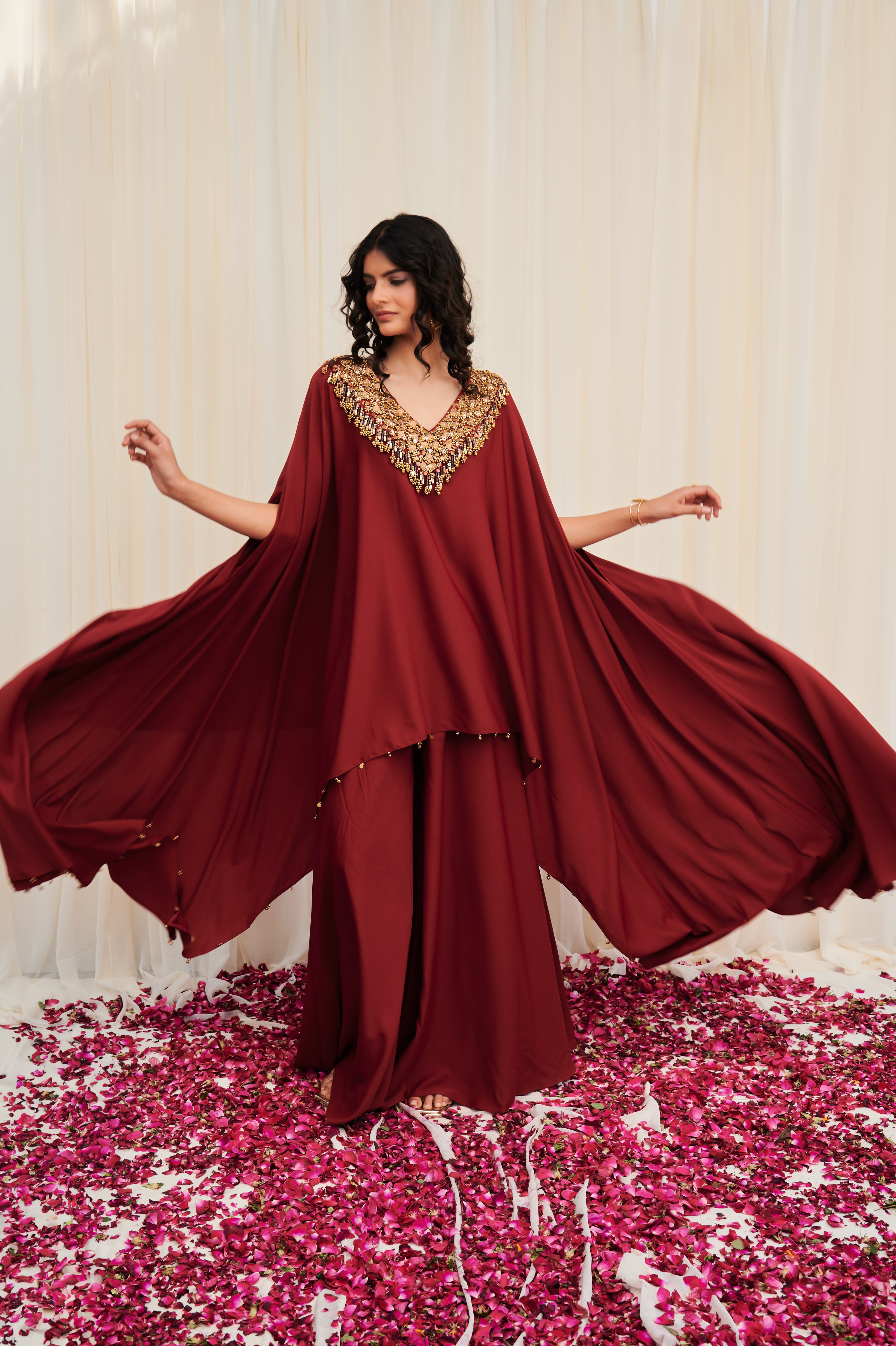 Bhramara Maroon Hand Embroidered Voluminous Cape with Sharara