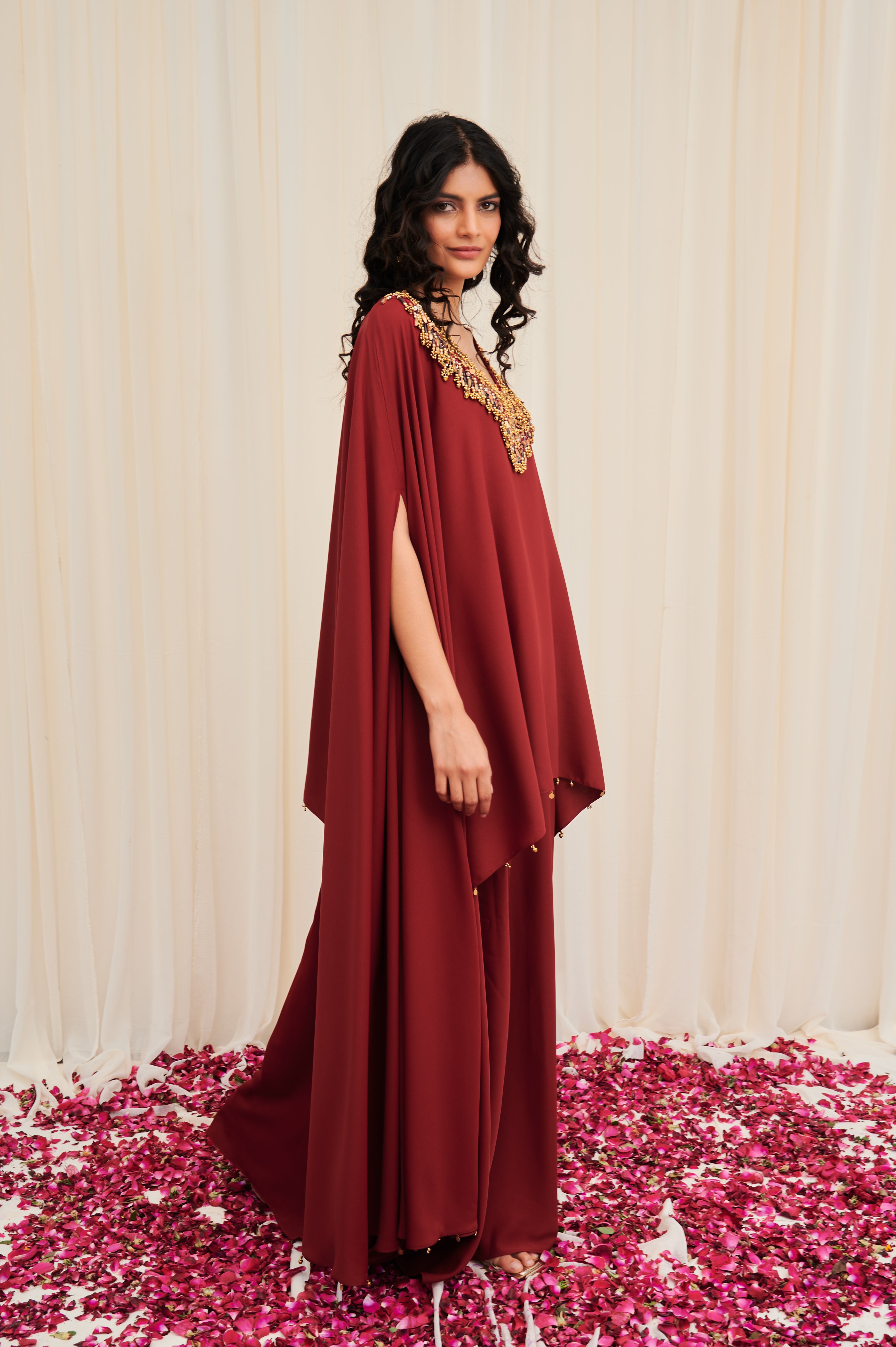 Bhramara Maroon Hand Embroidered Voluminous Cape with Sharara