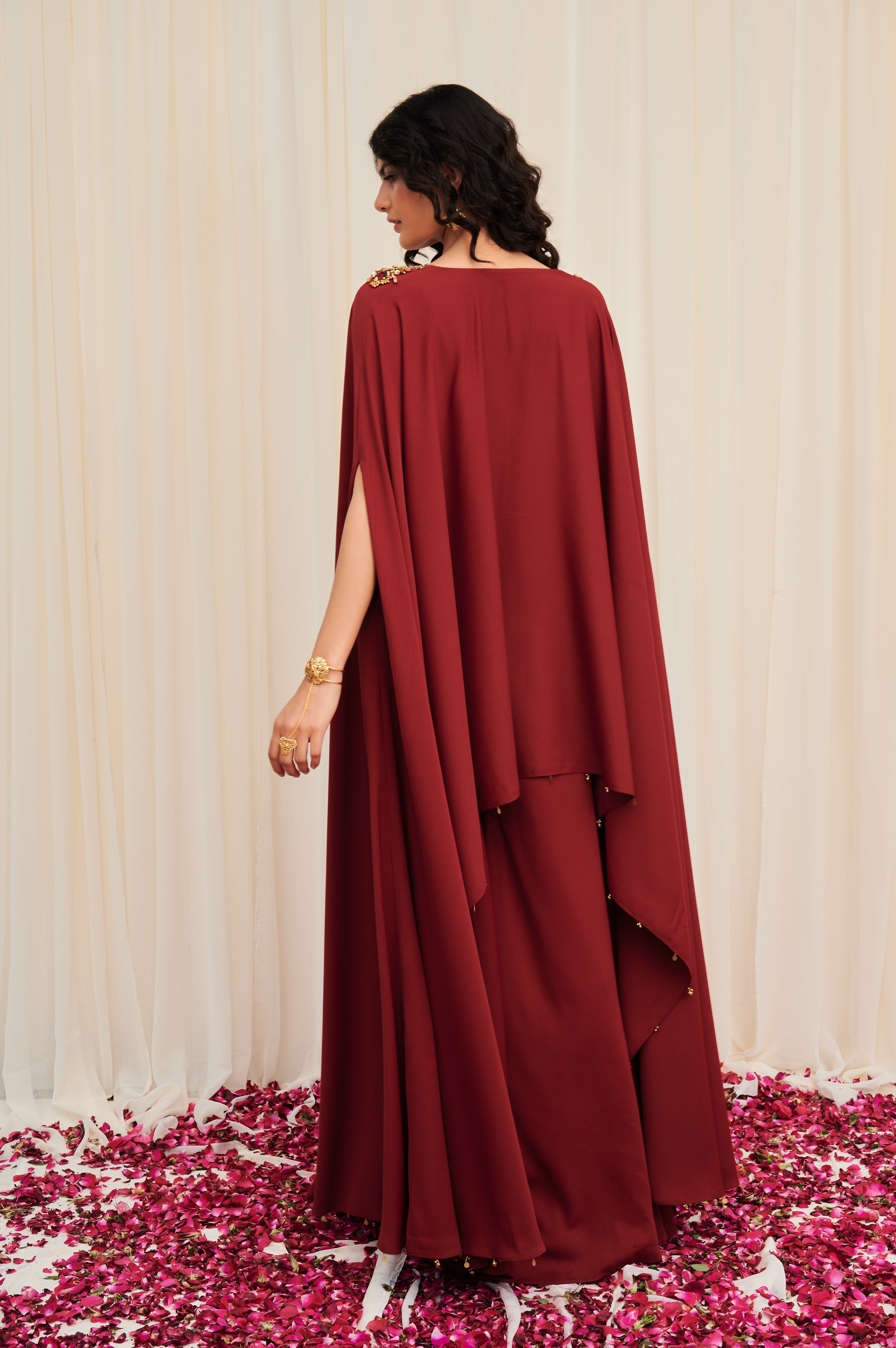 Bhramara Maroon Hand Embroidered Voluminous Cape with Sharara