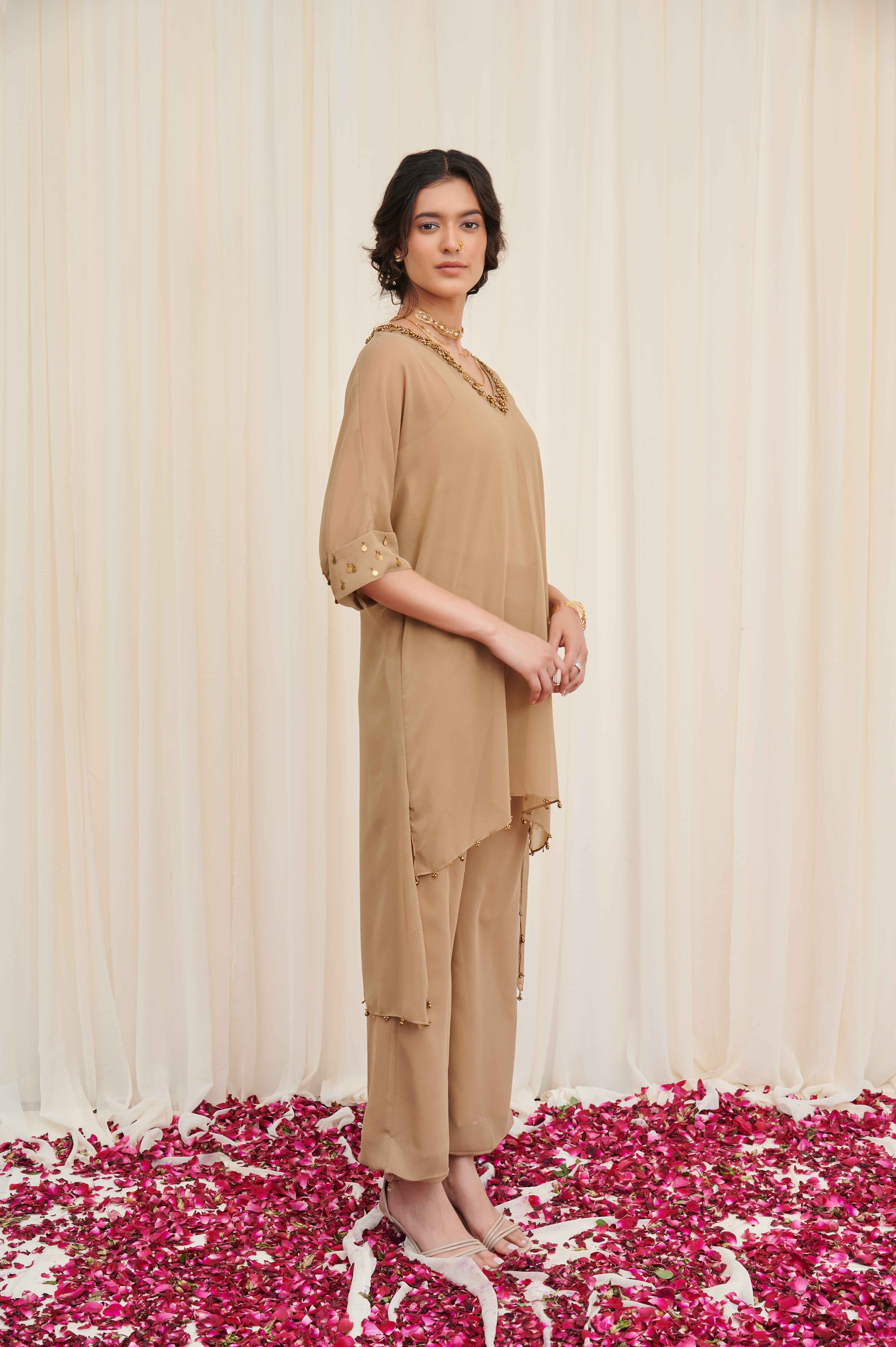 Shakata Beige Georgette Kurta and pants with Camisole