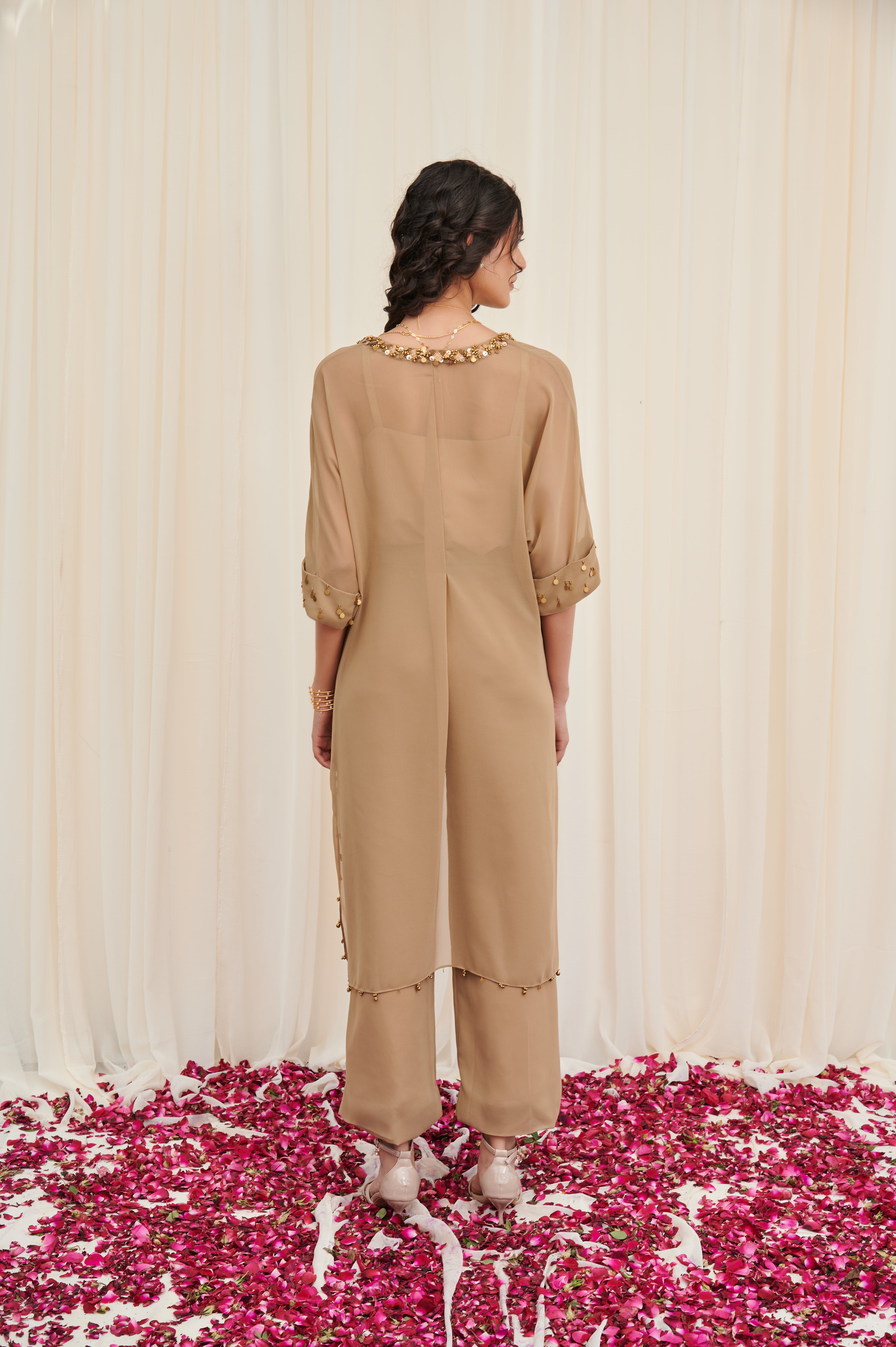 Shakata Beige Georgette Kurta and pants with Camisole