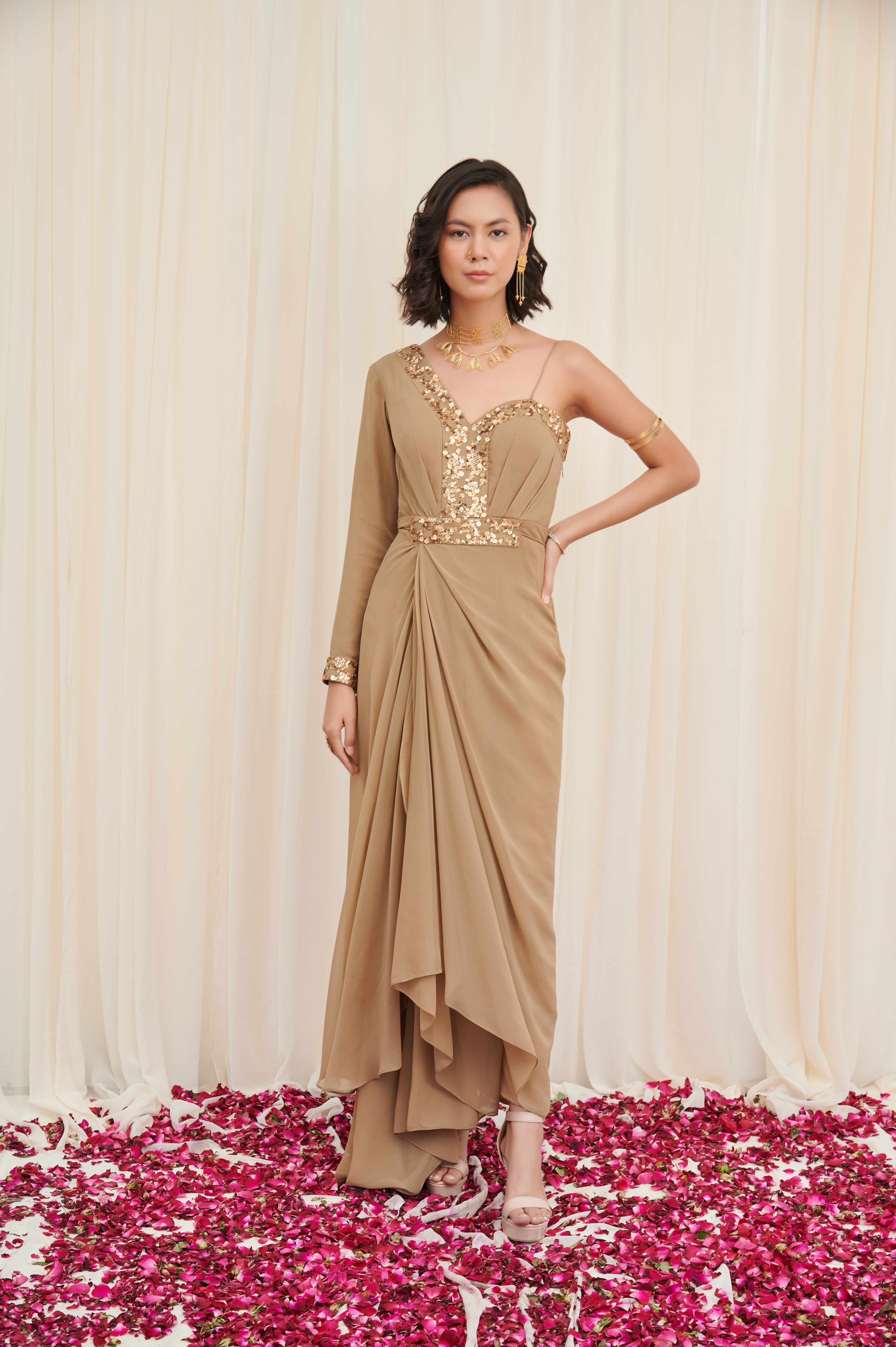 Hamsasya Beige hand Stitched Sequin Dress