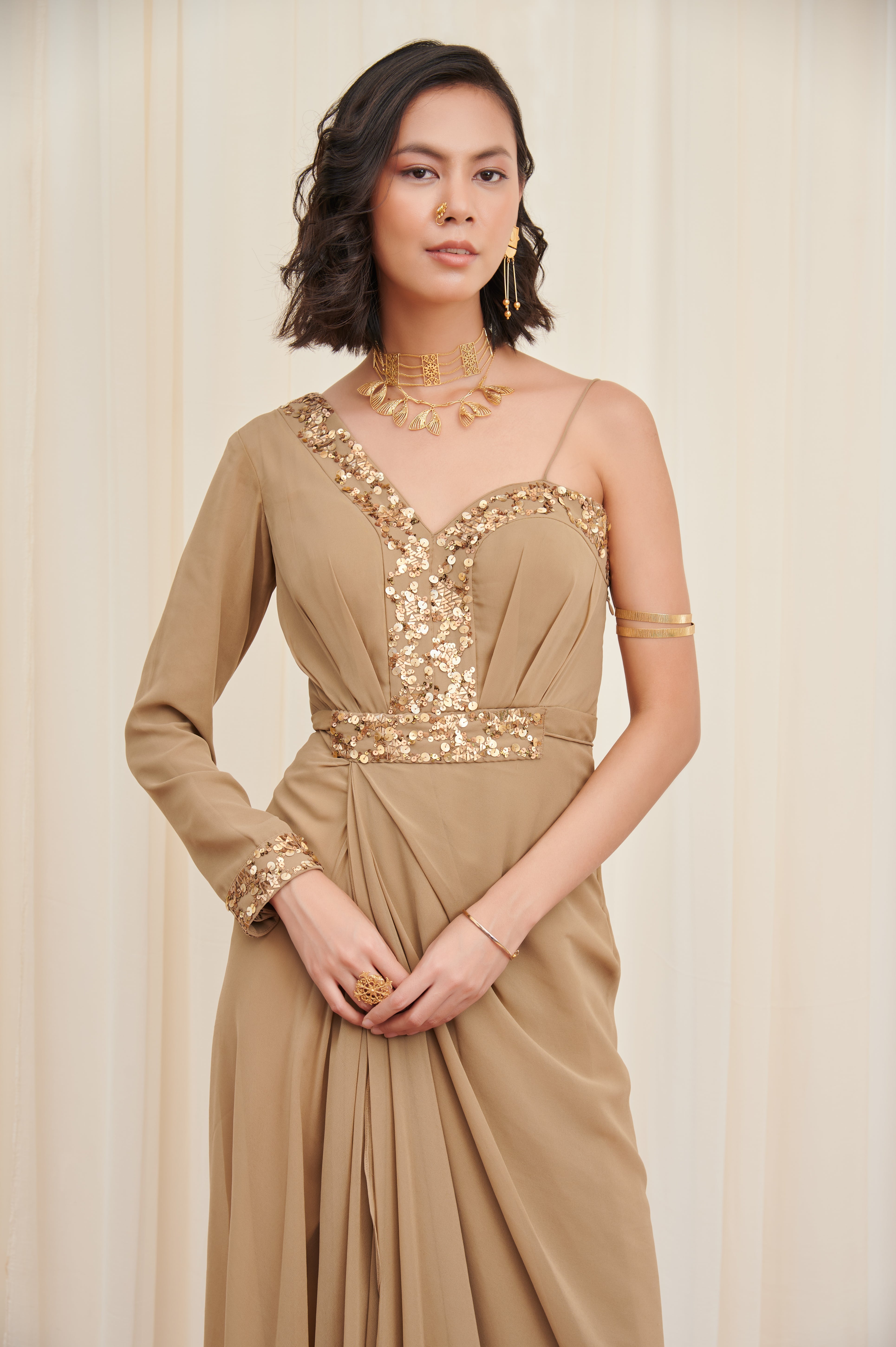 Hamsasya Beige hand Stitched Sequin Dress