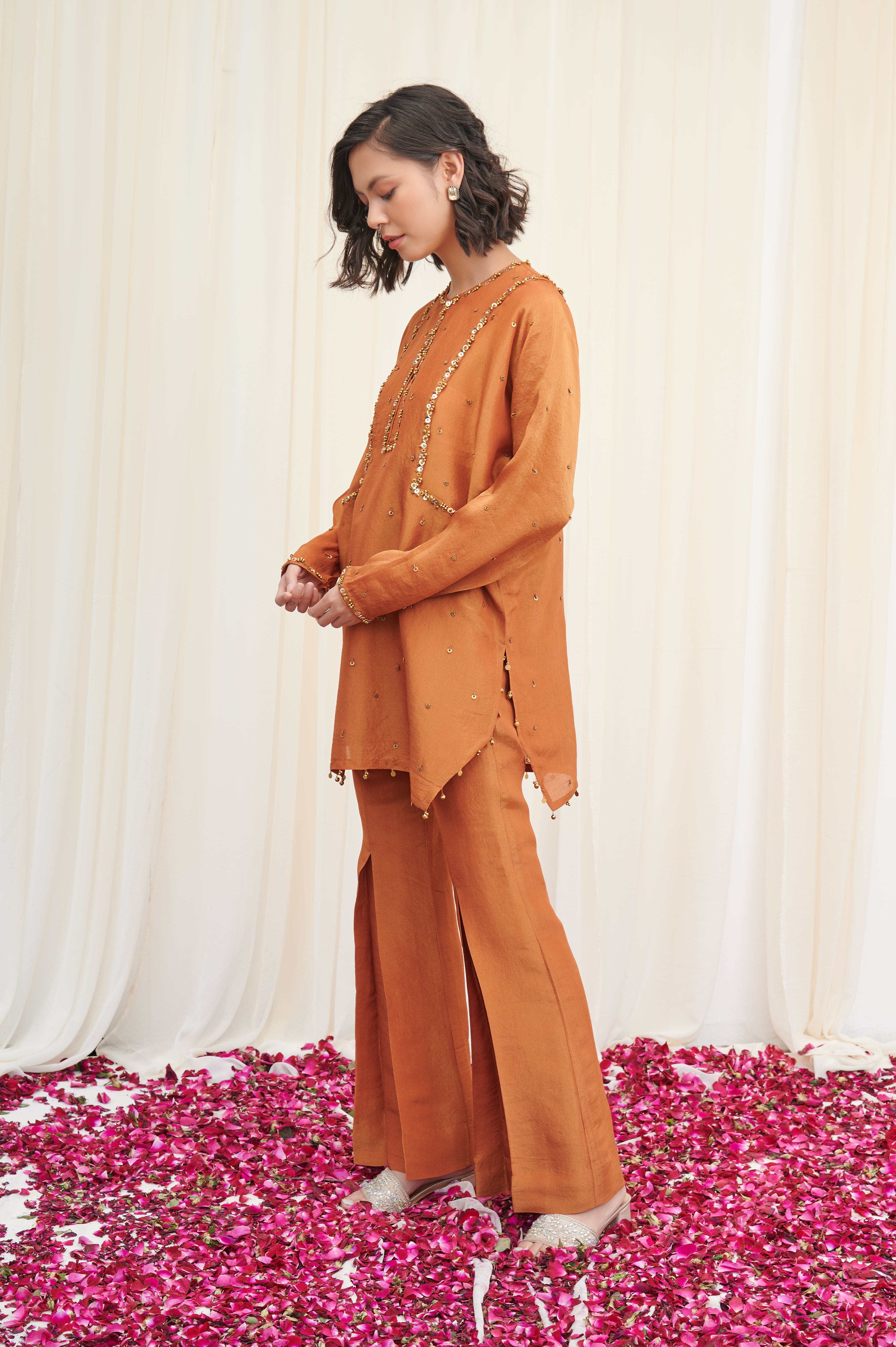 Mayur  Mustard Embroidered Tissue Kurta with pants