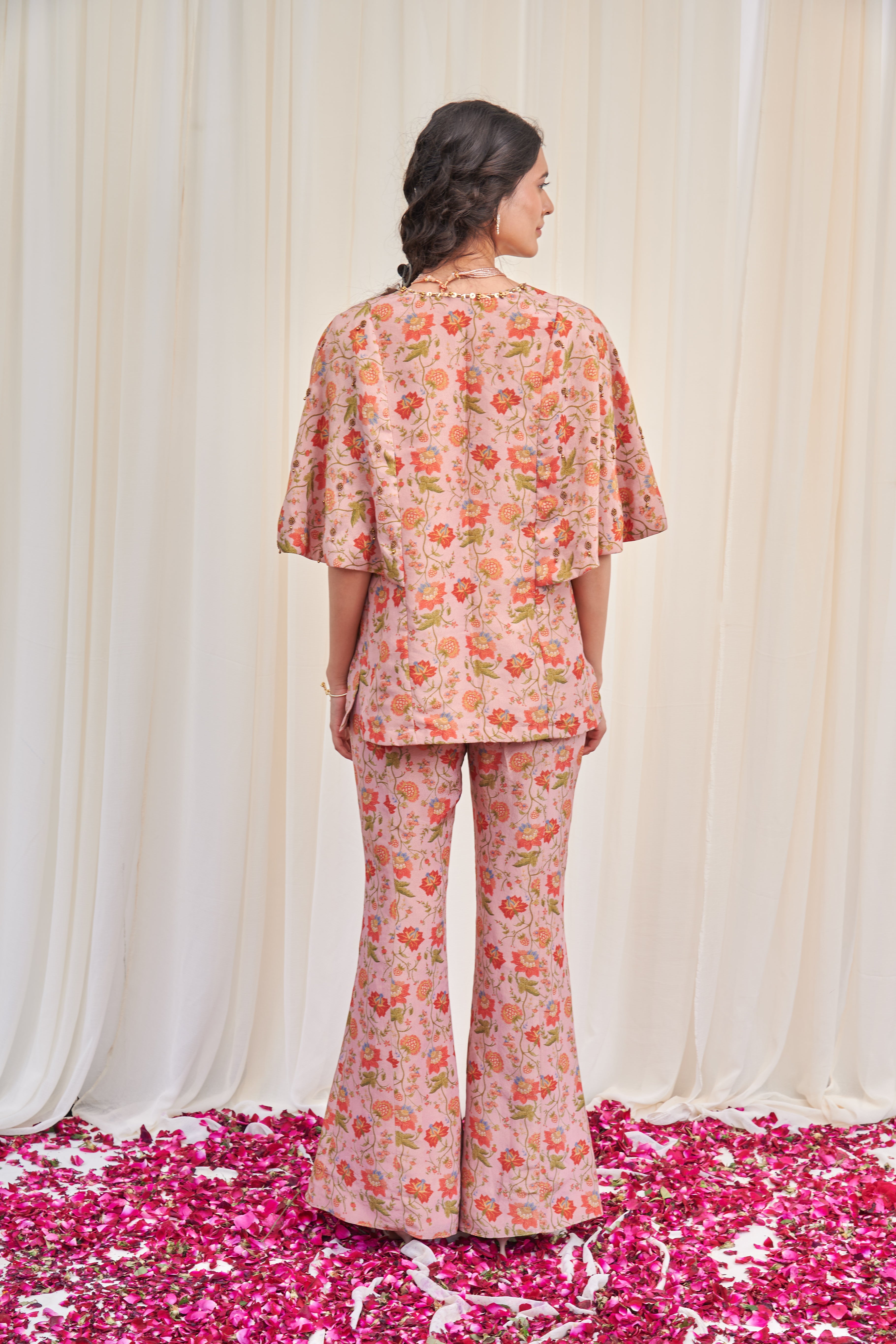 Bherunda Pink Tissue Floral Printed blouse with pants and Cape