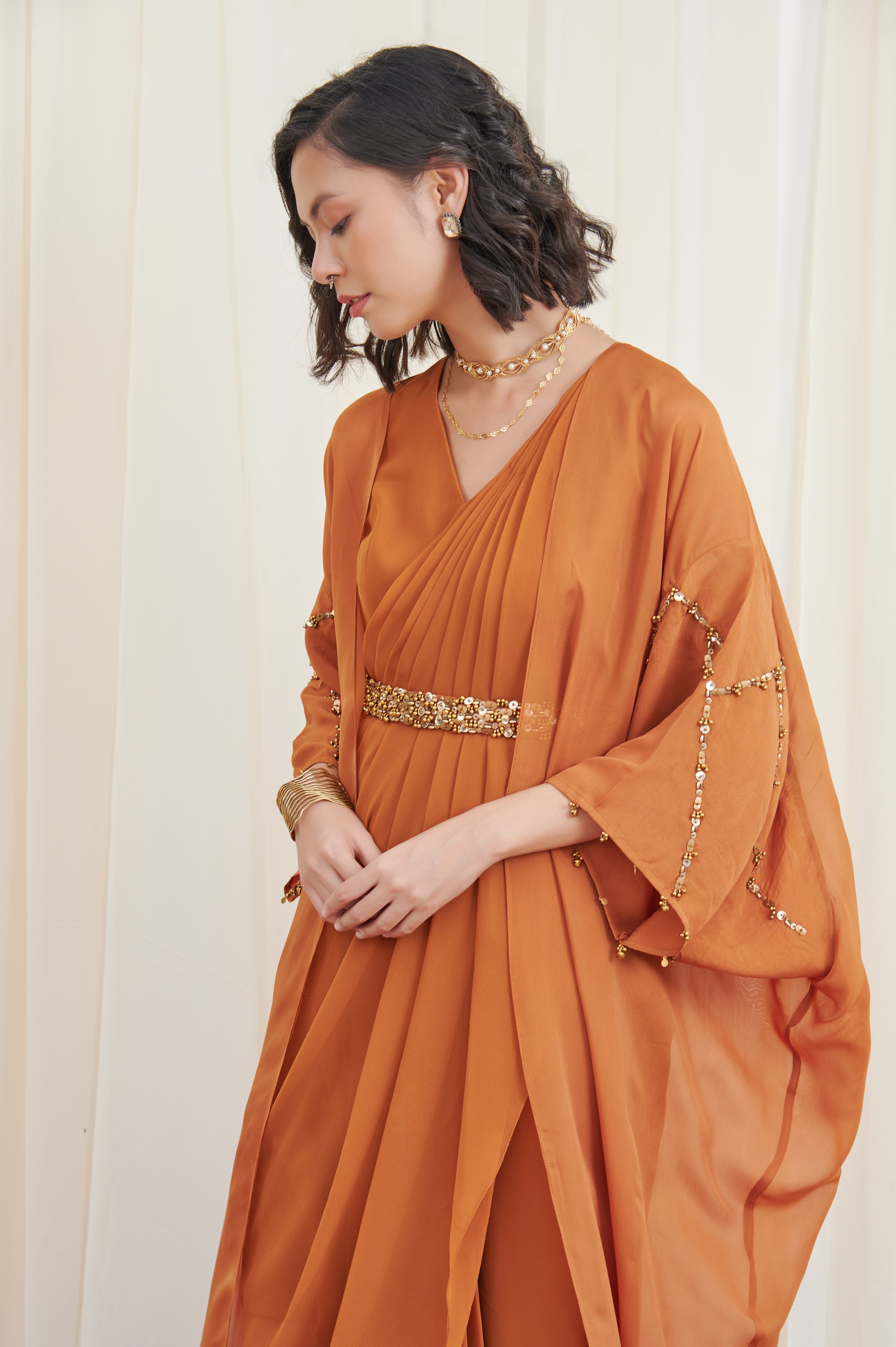 Shivalinga set Mustard Drape Dress with Embroiered Belt and Cape