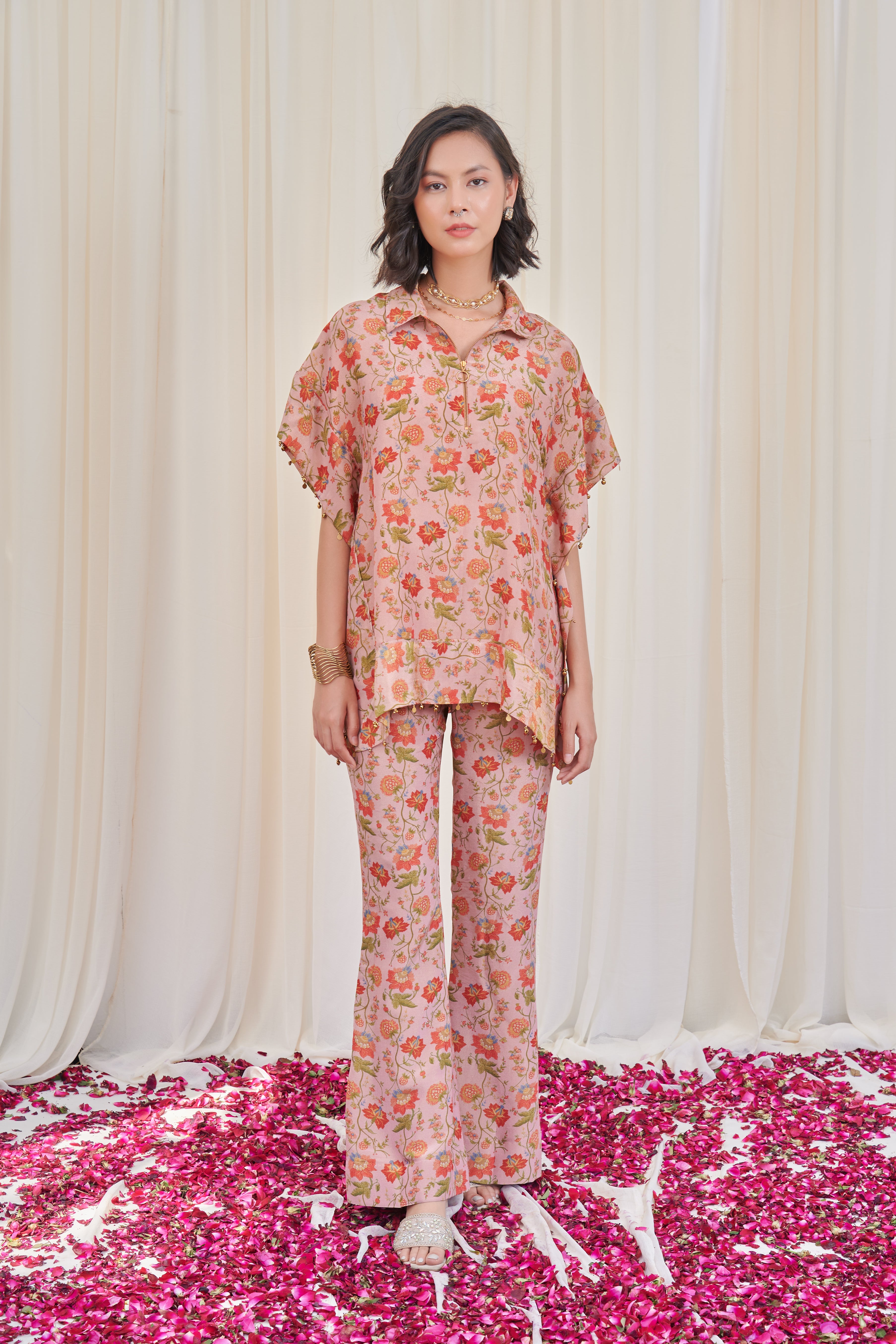 Shuktund Pink Tissue Floral Printed Top with pants