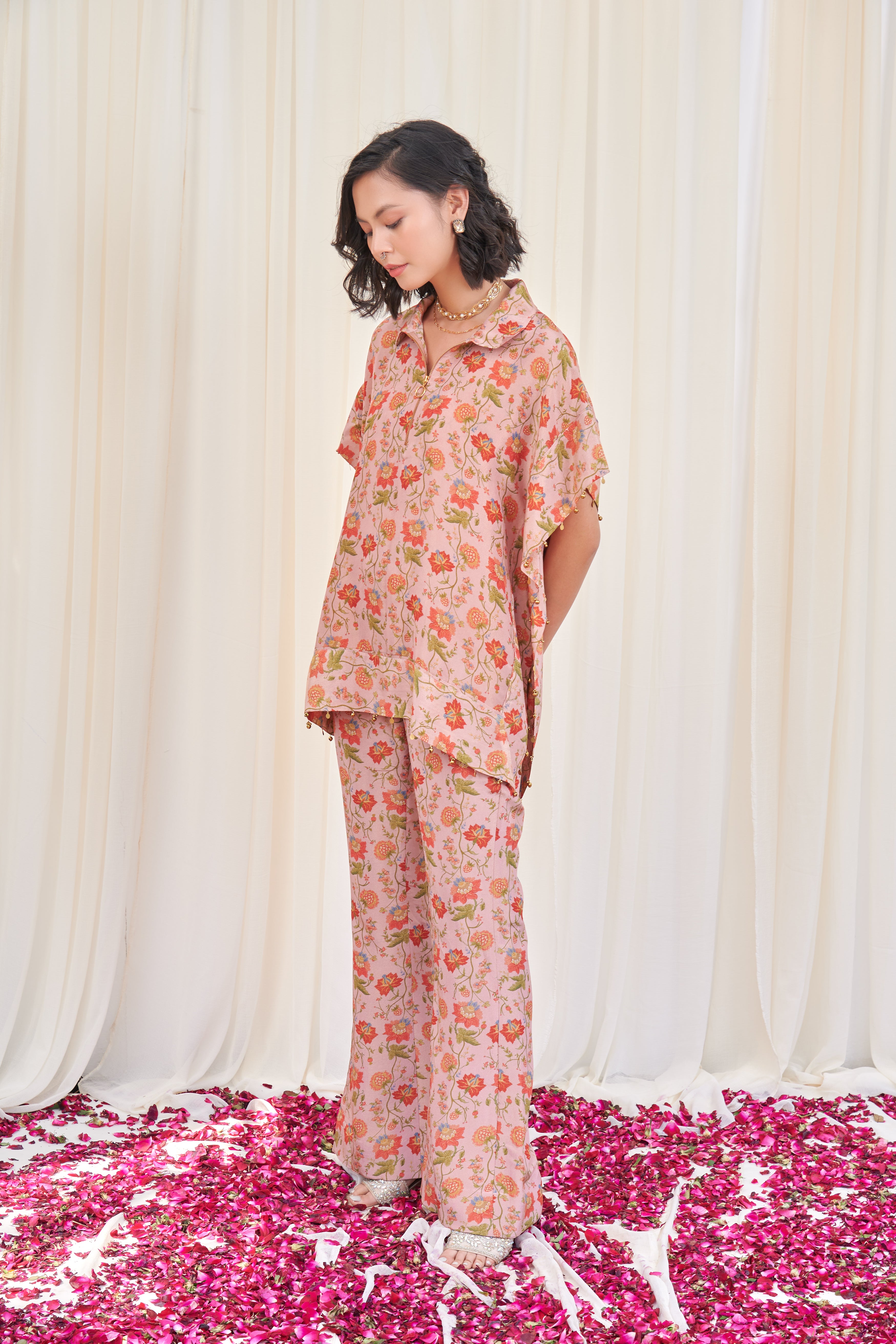 Shuktund Pink Tissue Floral Printed Top with pants