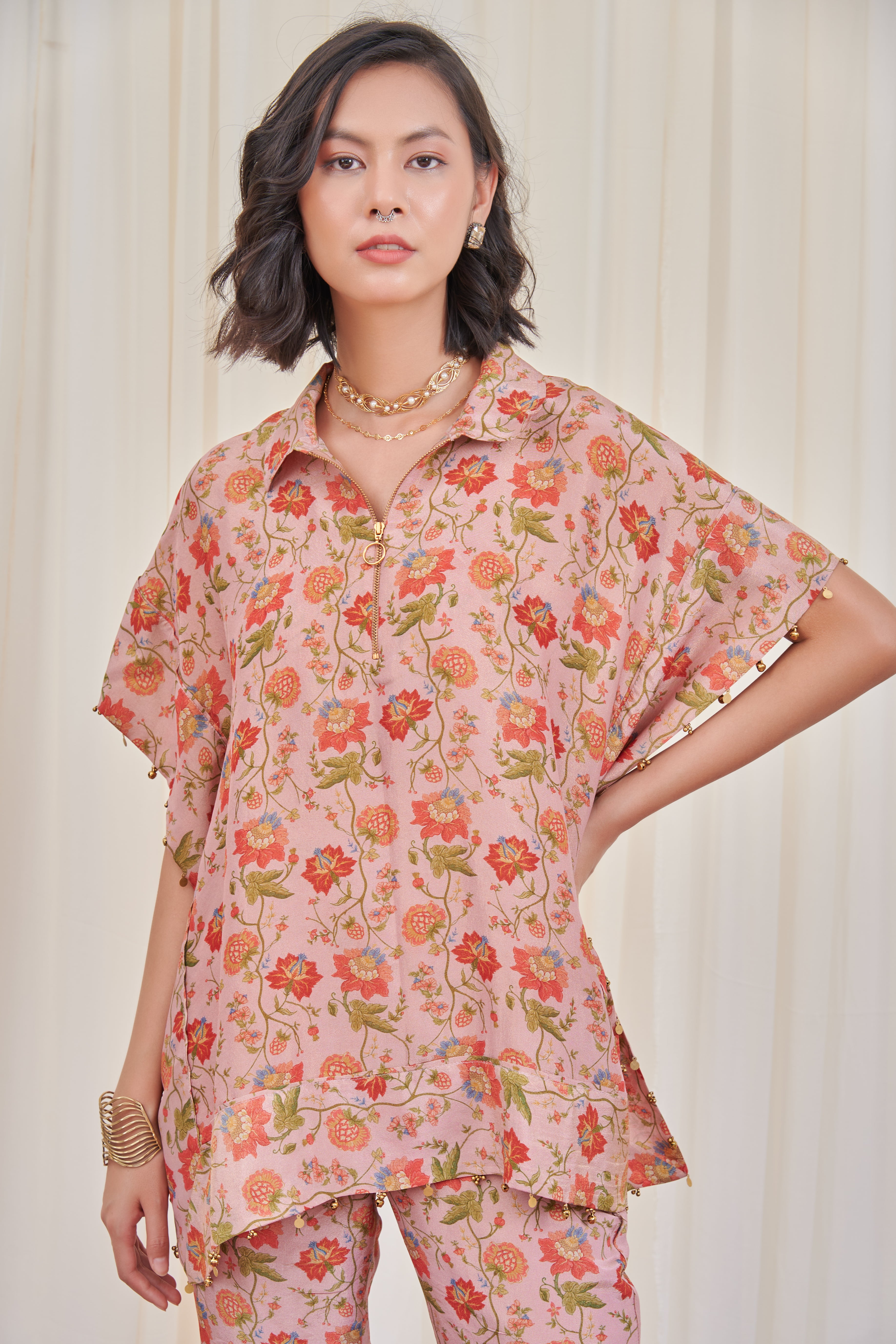 Shuktund Pink Tissue Floral Printed Top with pants