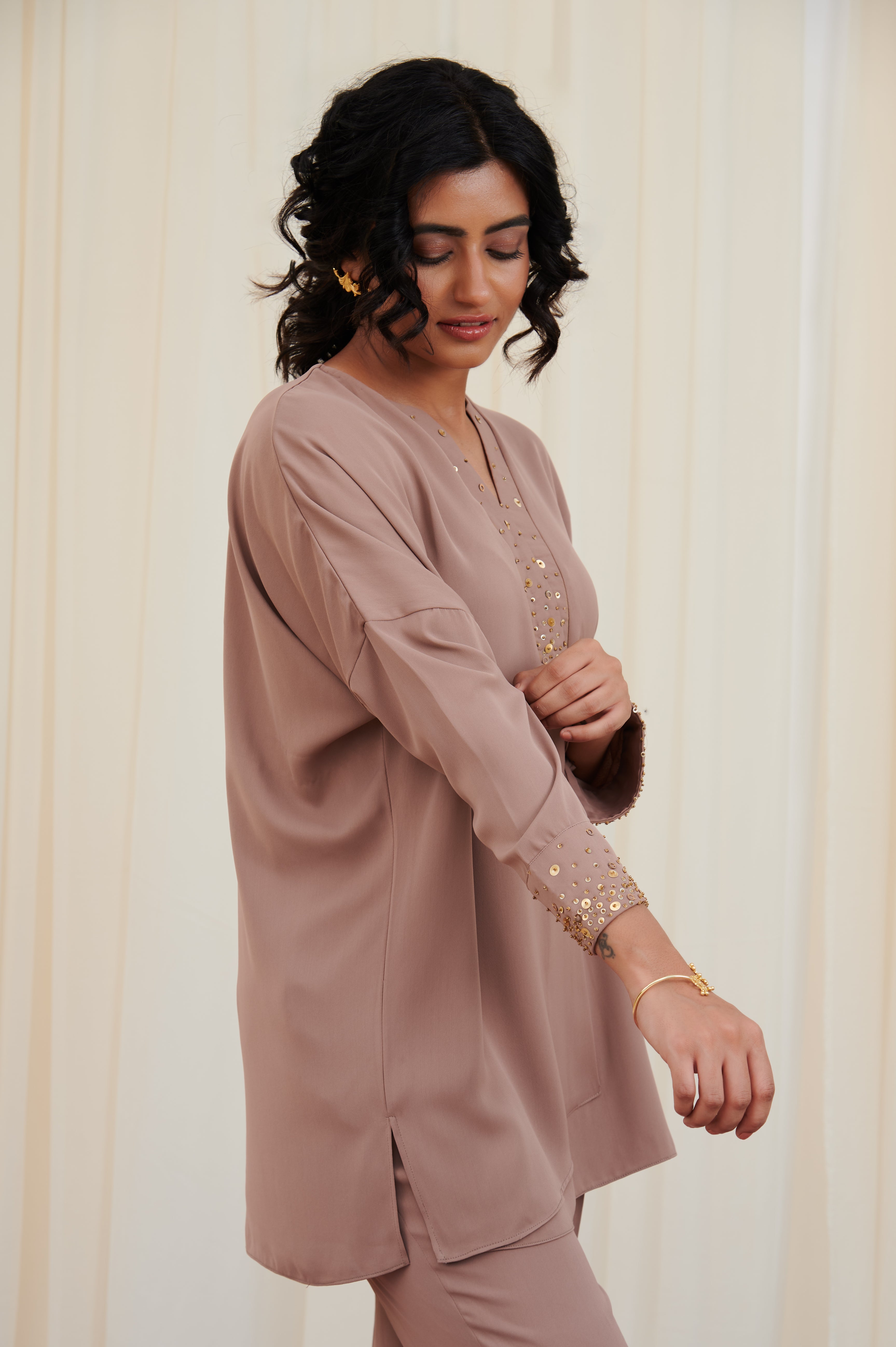 Ardhchandra Nude Georgette top with pants