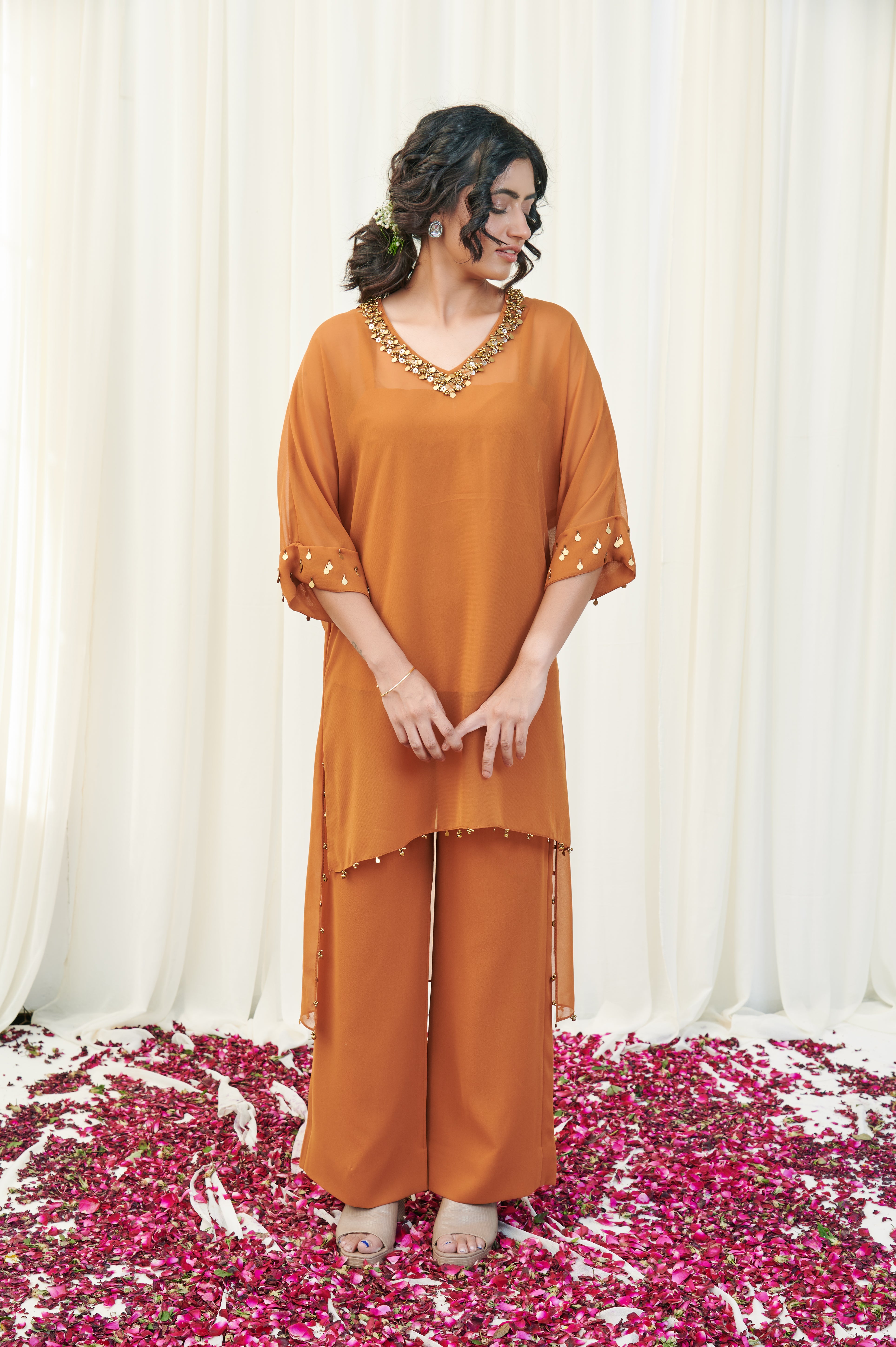 Katakamukha Mustard Georgette Kurta and pants with Camisole