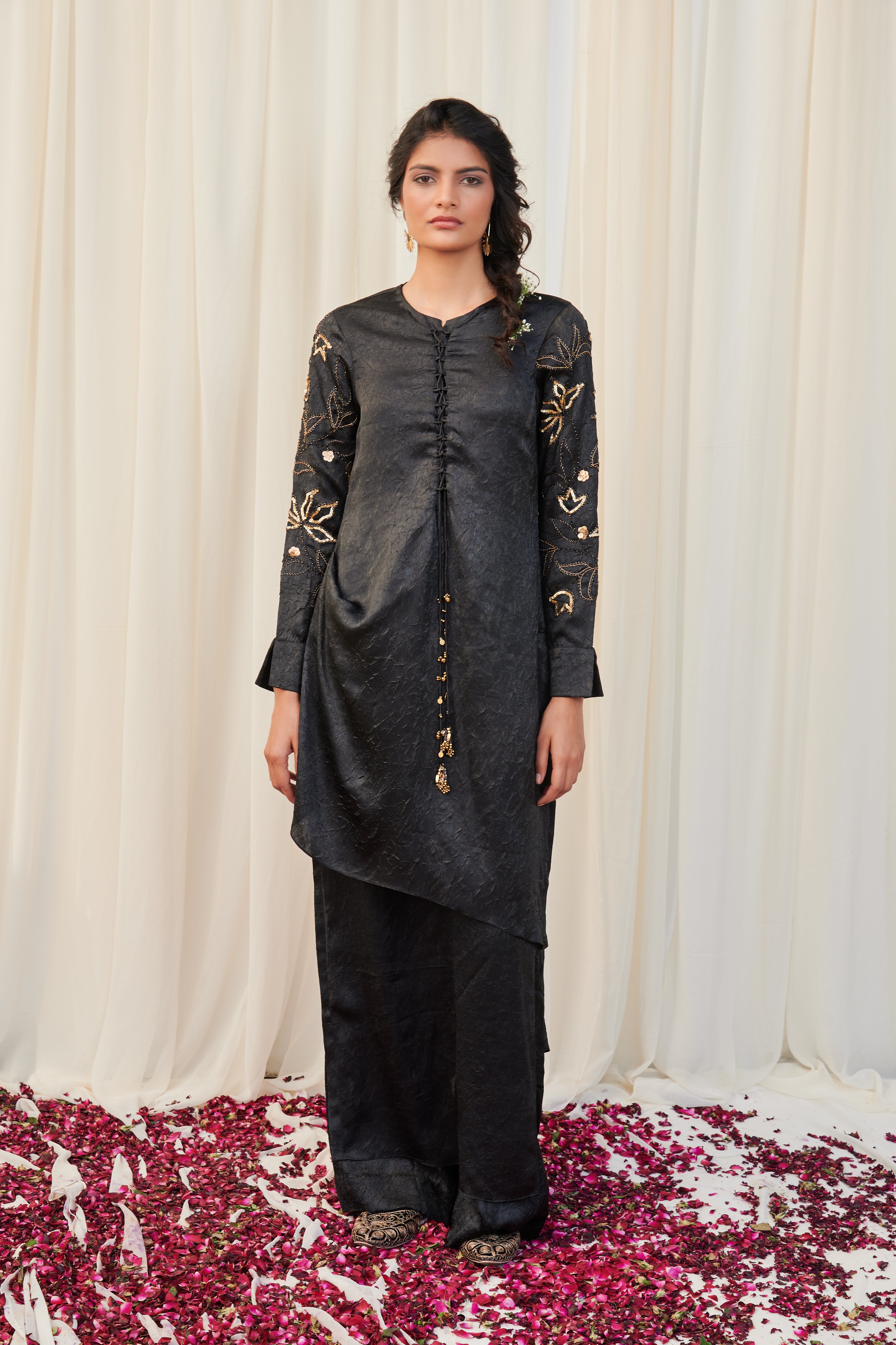 Padmakosh Black Silk Draped Kurta with pants