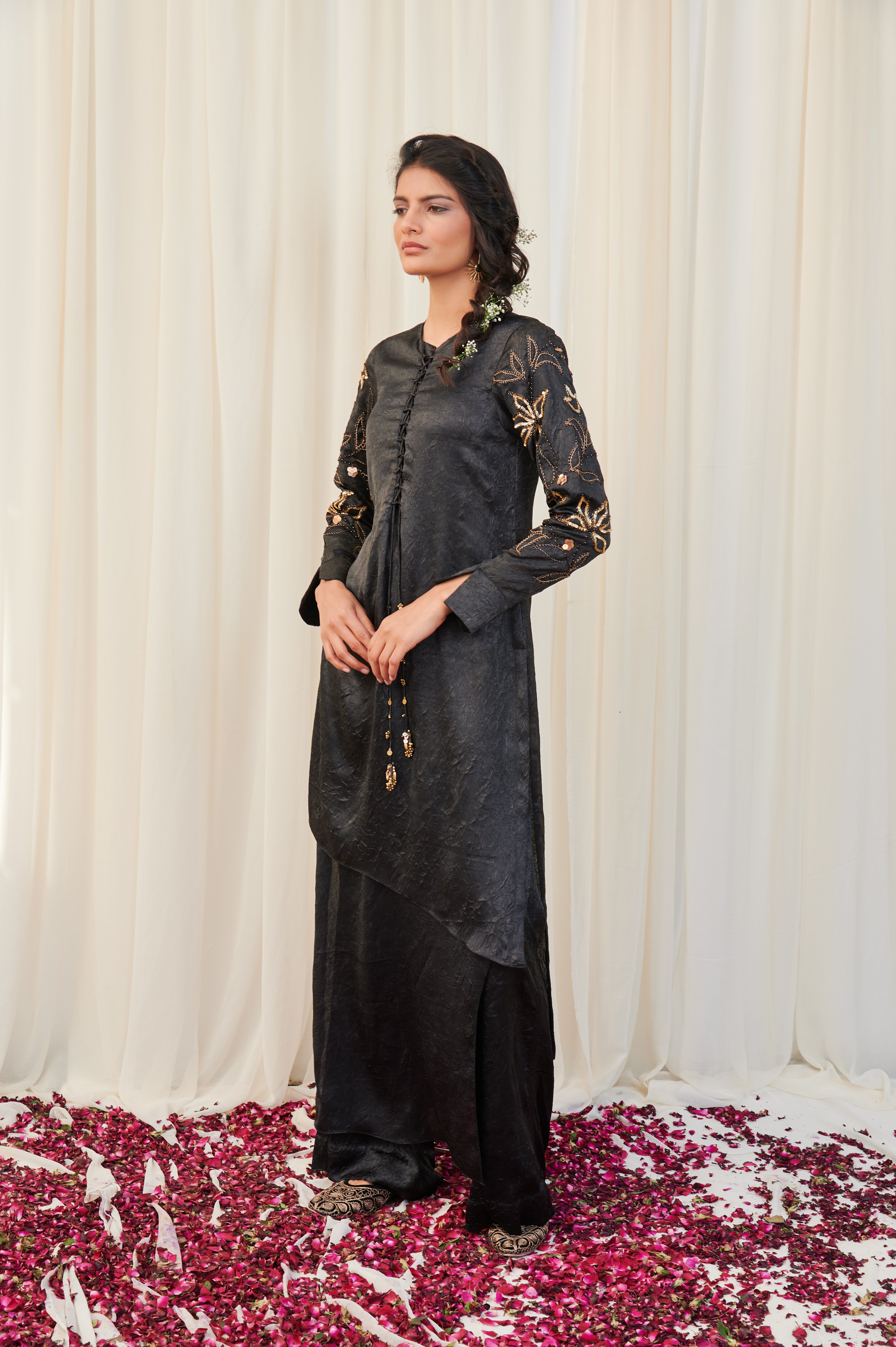 Padmakosh Black Silk Draped Kurta with pants