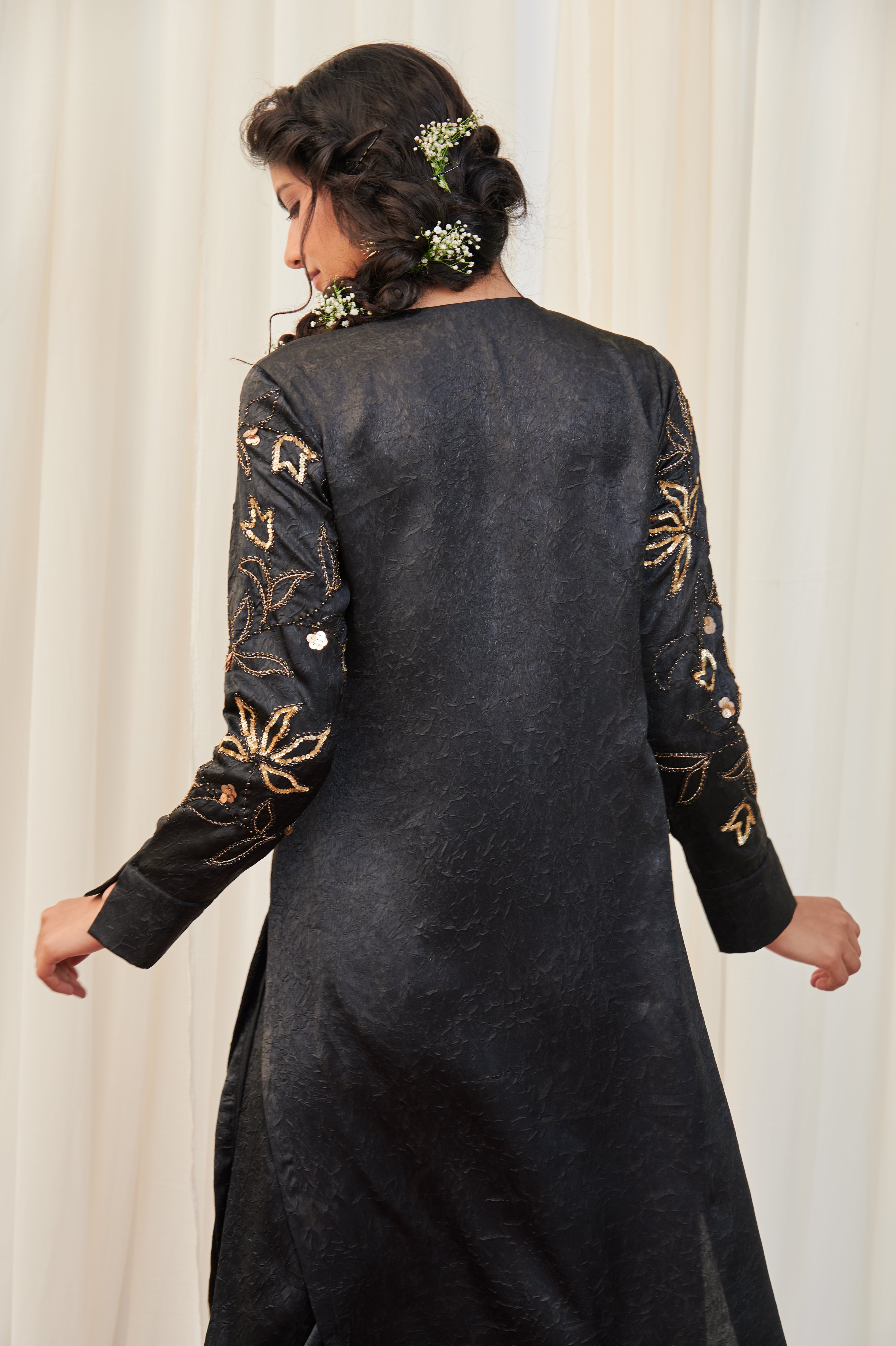 Padmakosh Black Silk Draped Kurta with pants