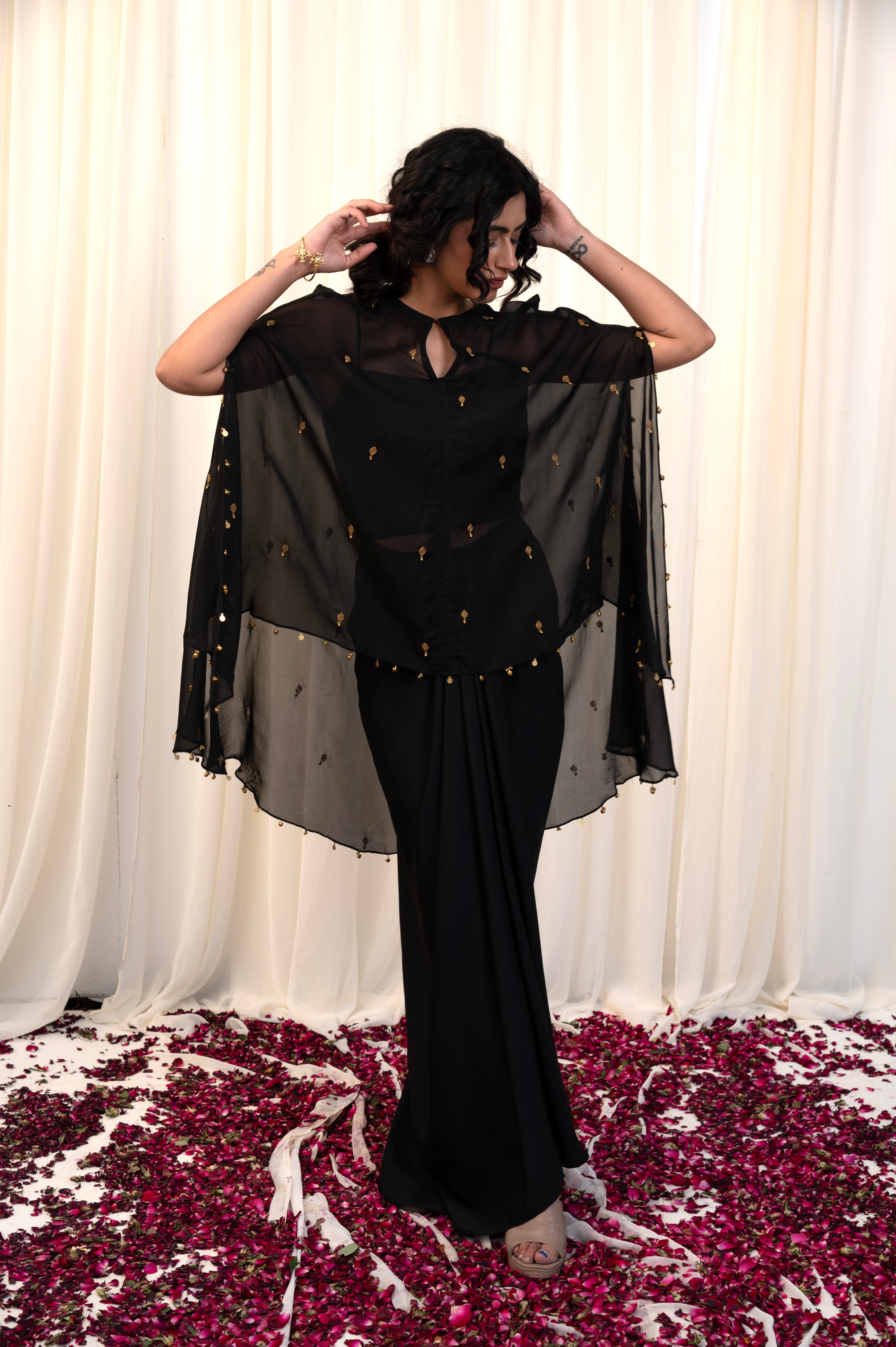 Khatwa Black Oragnza Embroidered Cape Set