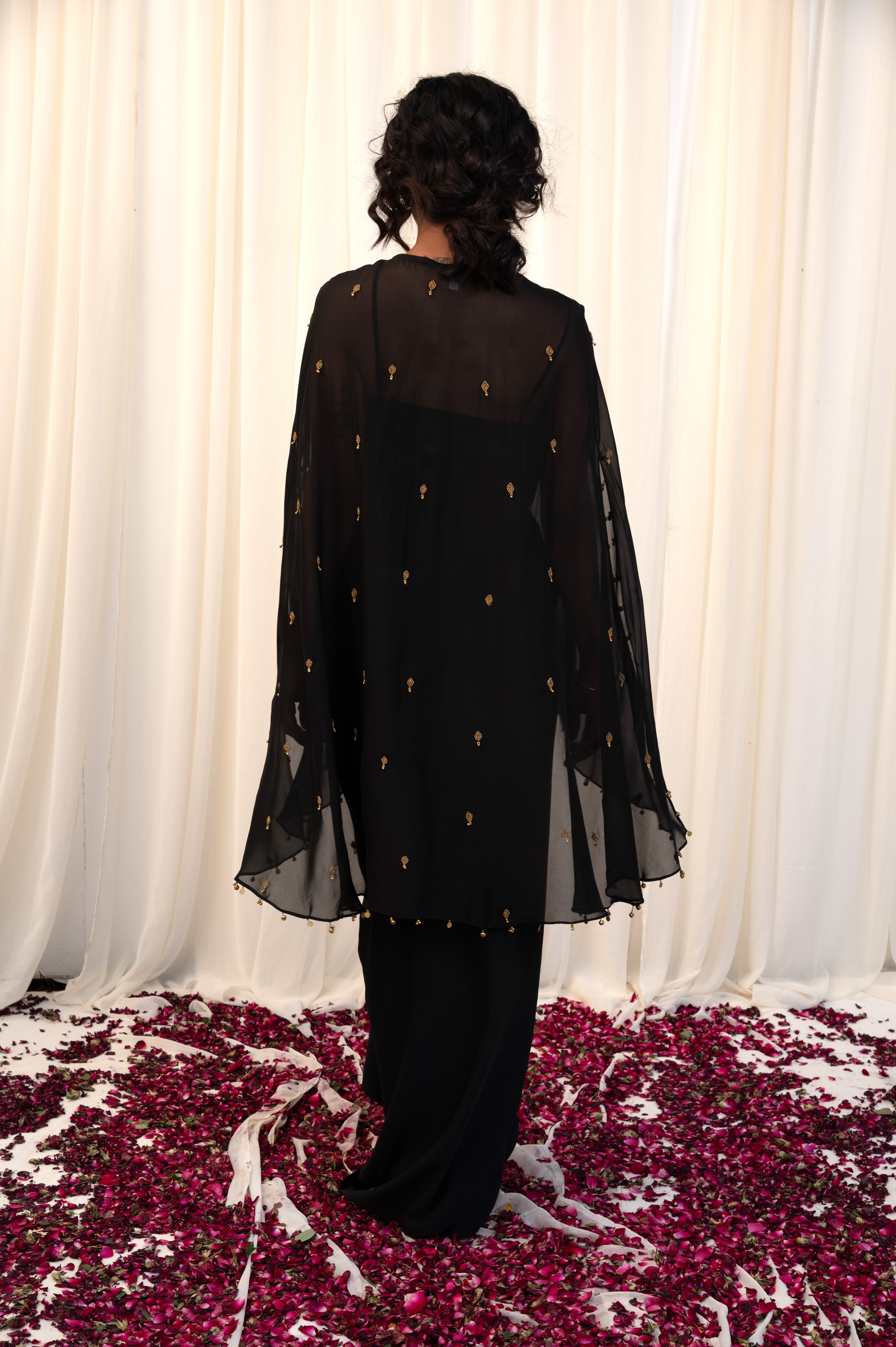 Khatwa Black Oragnza Embroidered Cape Set