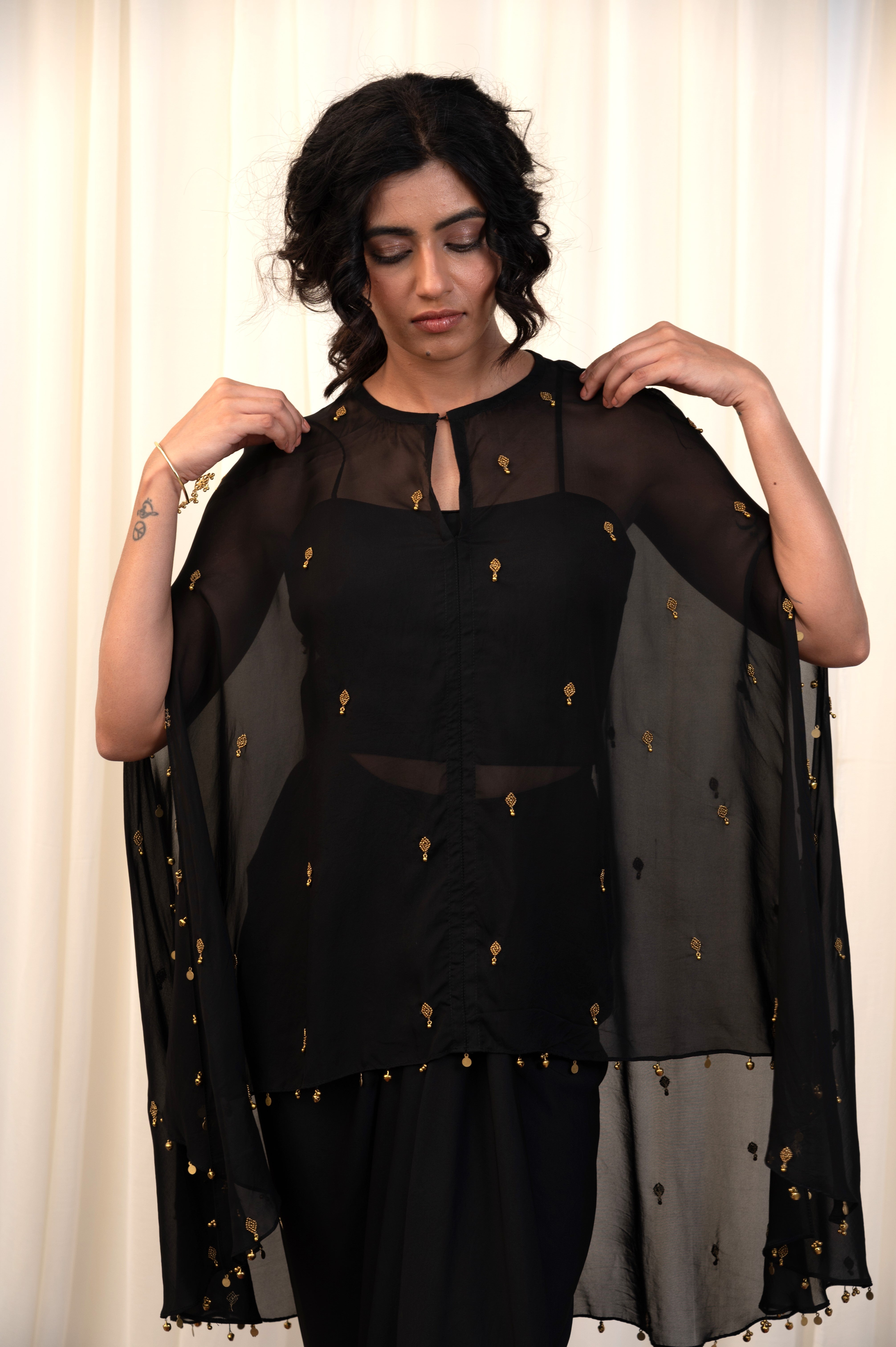 Khatwa Black Oragnza Embroidered Cape Set