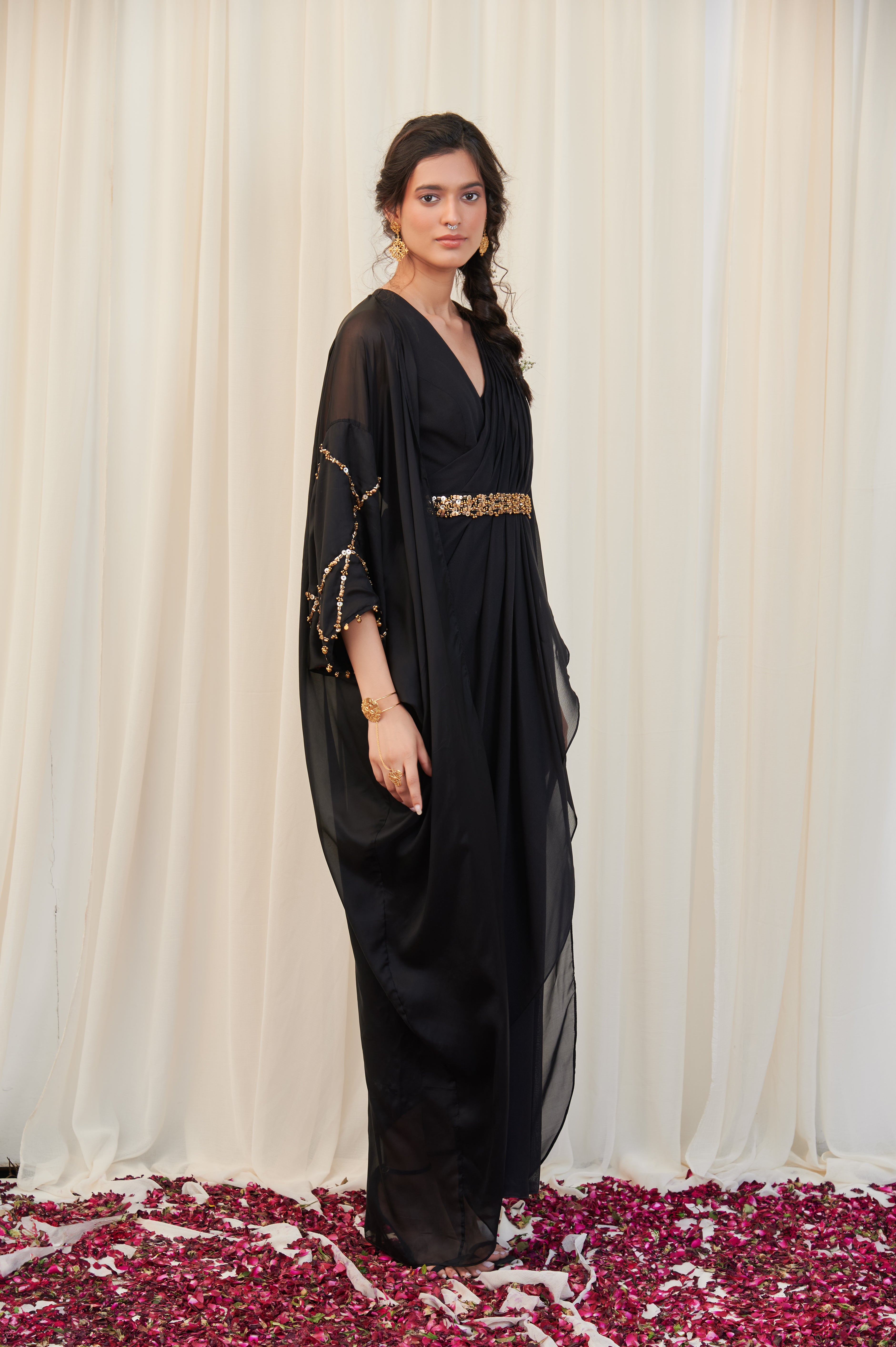 Sampata set Black Drape Dress with Embroiered Belt and Cape