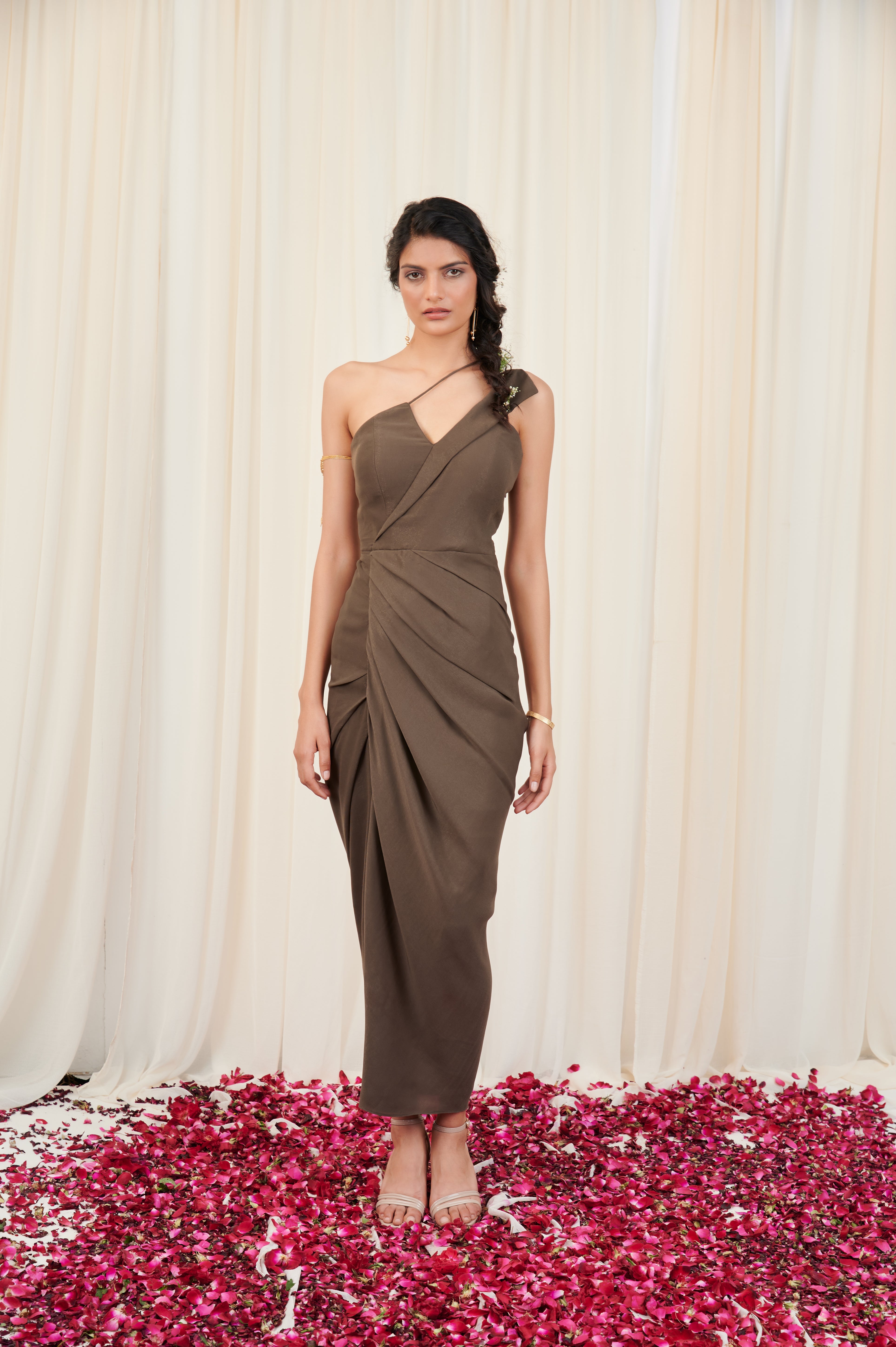 Shikhara Olive Shimmer Drape Dress