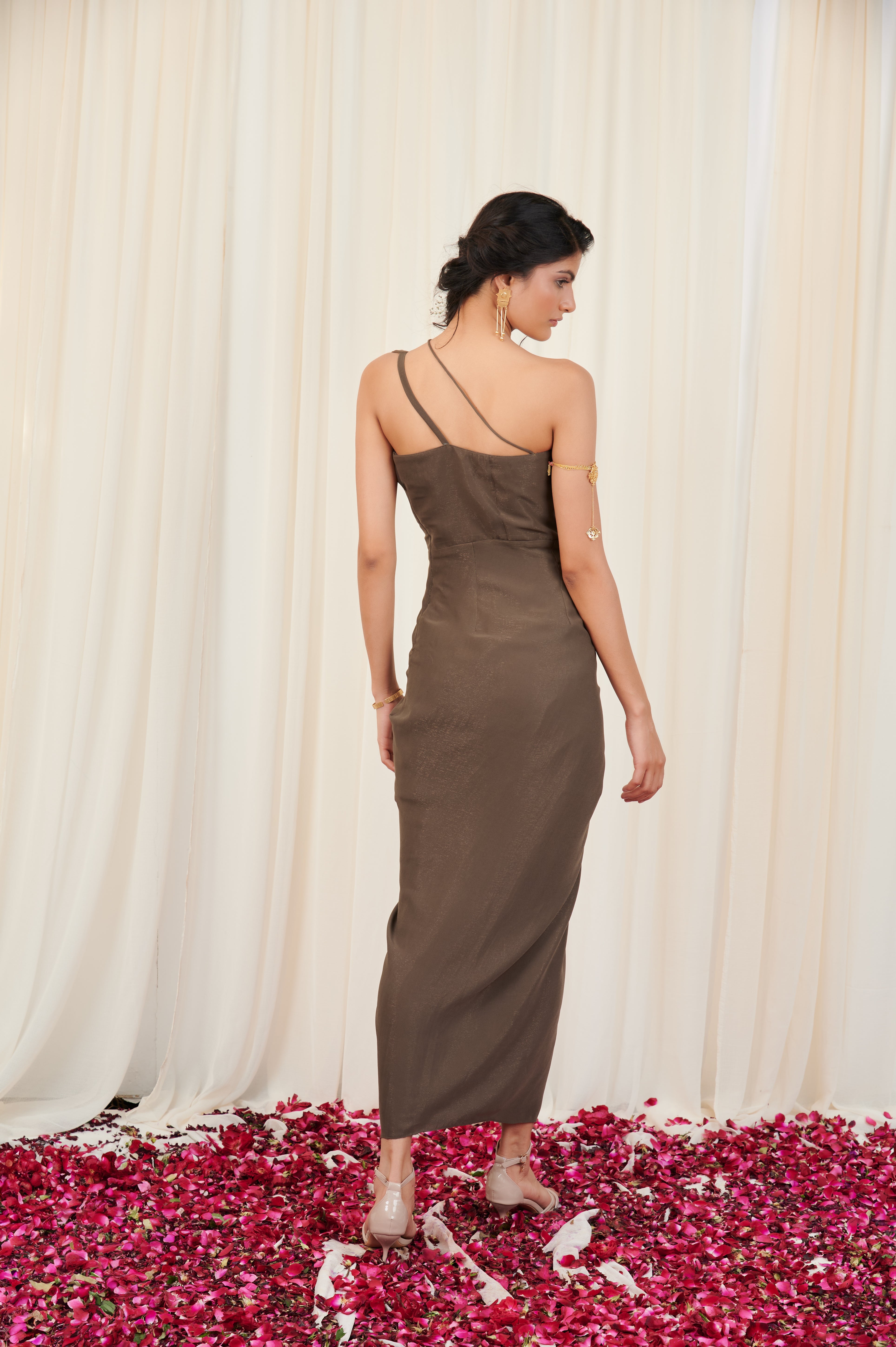 Shikhara Olive Shimmer Drape Dress