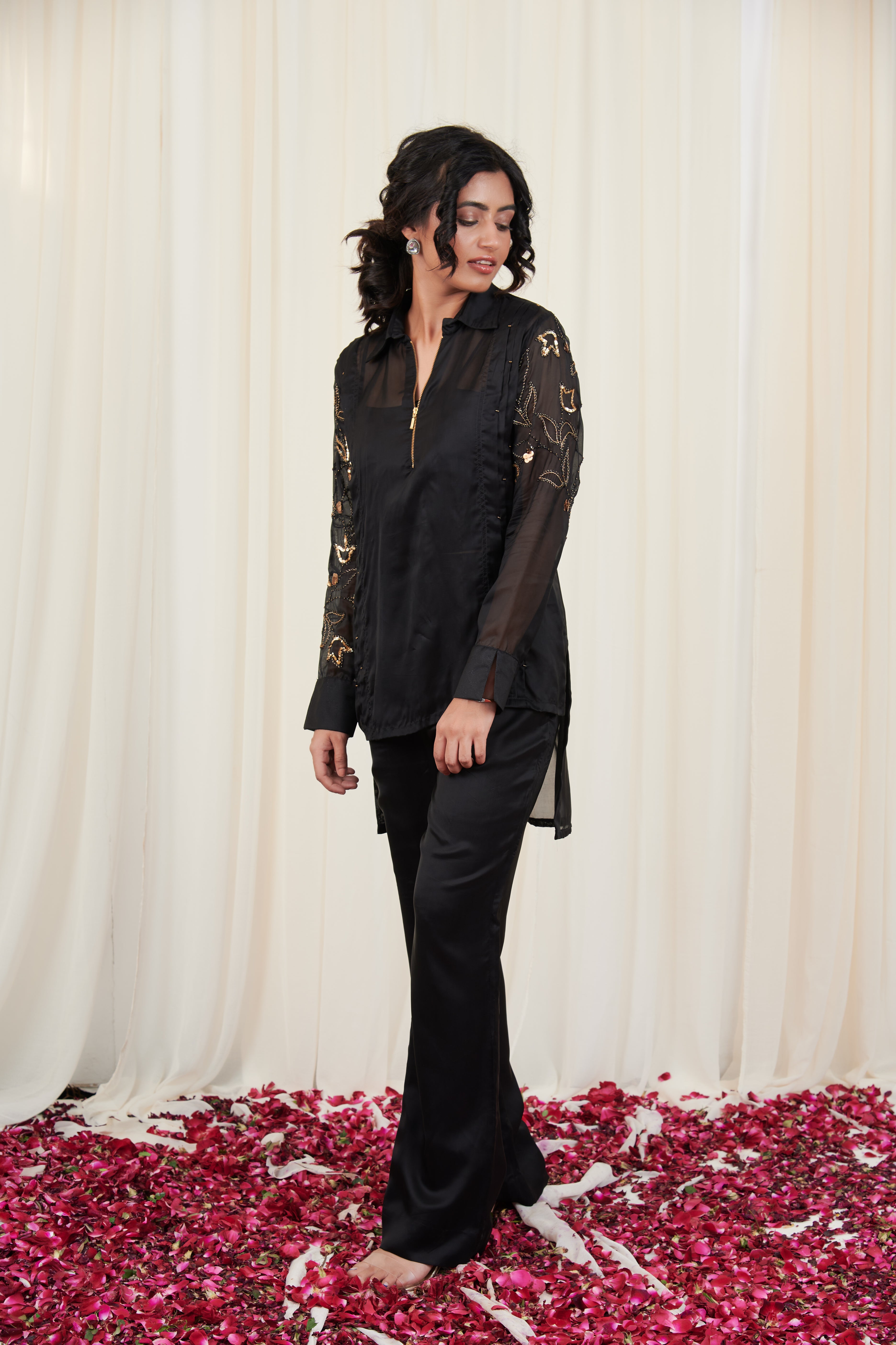 Kapotha set Black Organza Embroidered shirt with pants