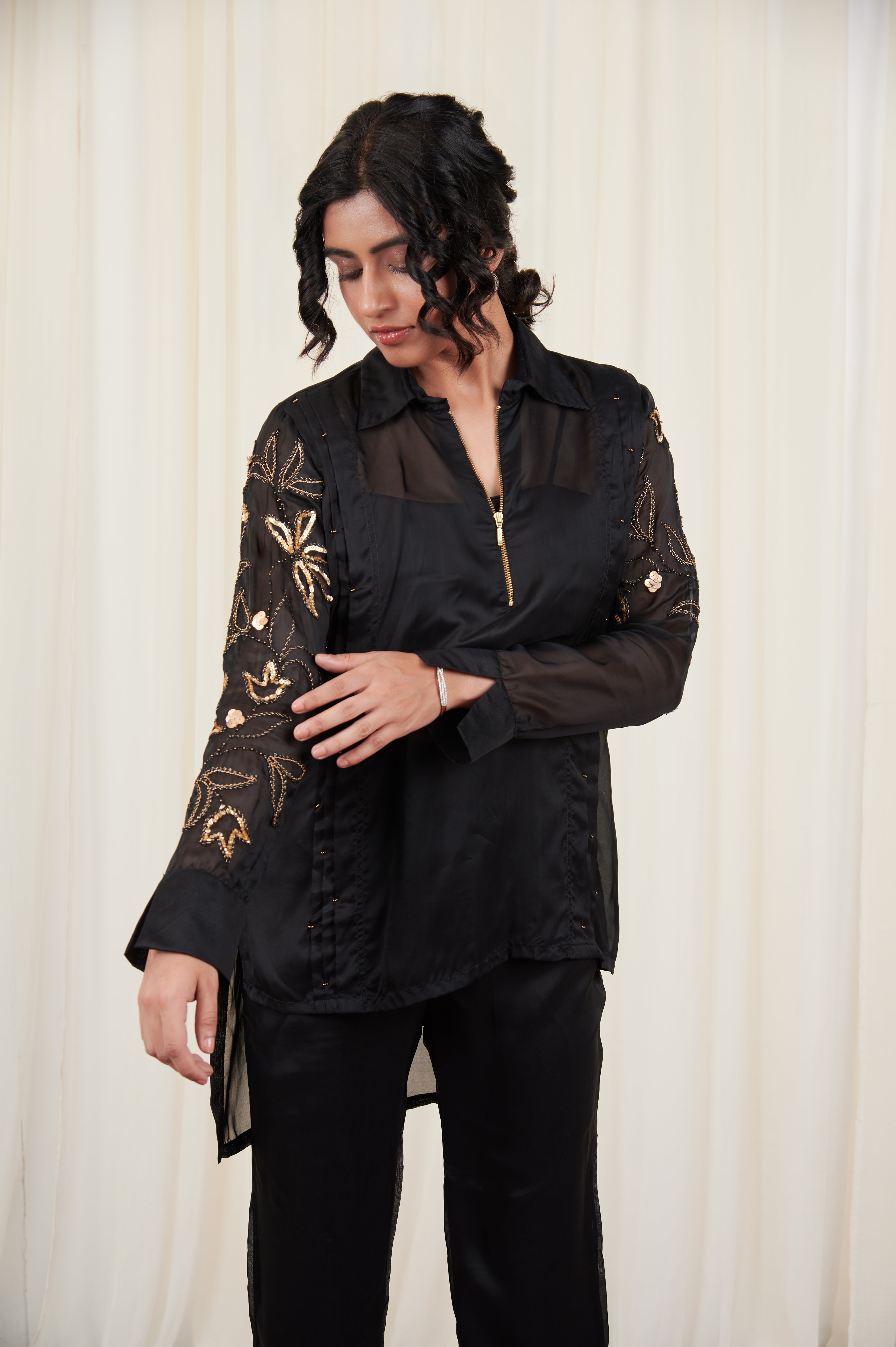 Kapotha set Black Organza Embroidered shirt with pants